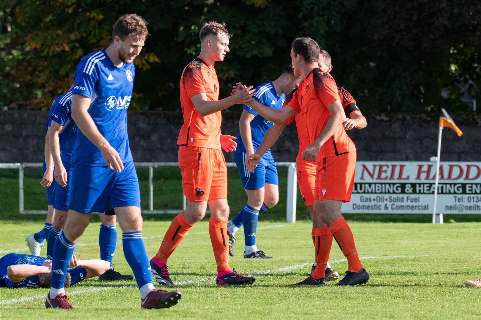 Rothes' Ben Johnstone (left) after his goal. ..Rothes FC (1) vs Lossiemouth FC (0) - Highland Football League 23/24 - Mackessack Park, Rothes 16/09/2023...Picture: Daniel Forsyth..