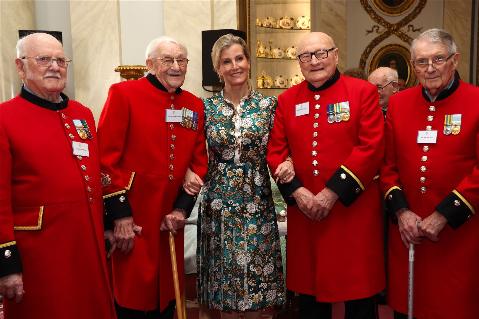 The Duchess of Edinburgh spoke to Chelsea Pensioners at the reception, including Trevor John, far right (Tristan Fewings/PA)