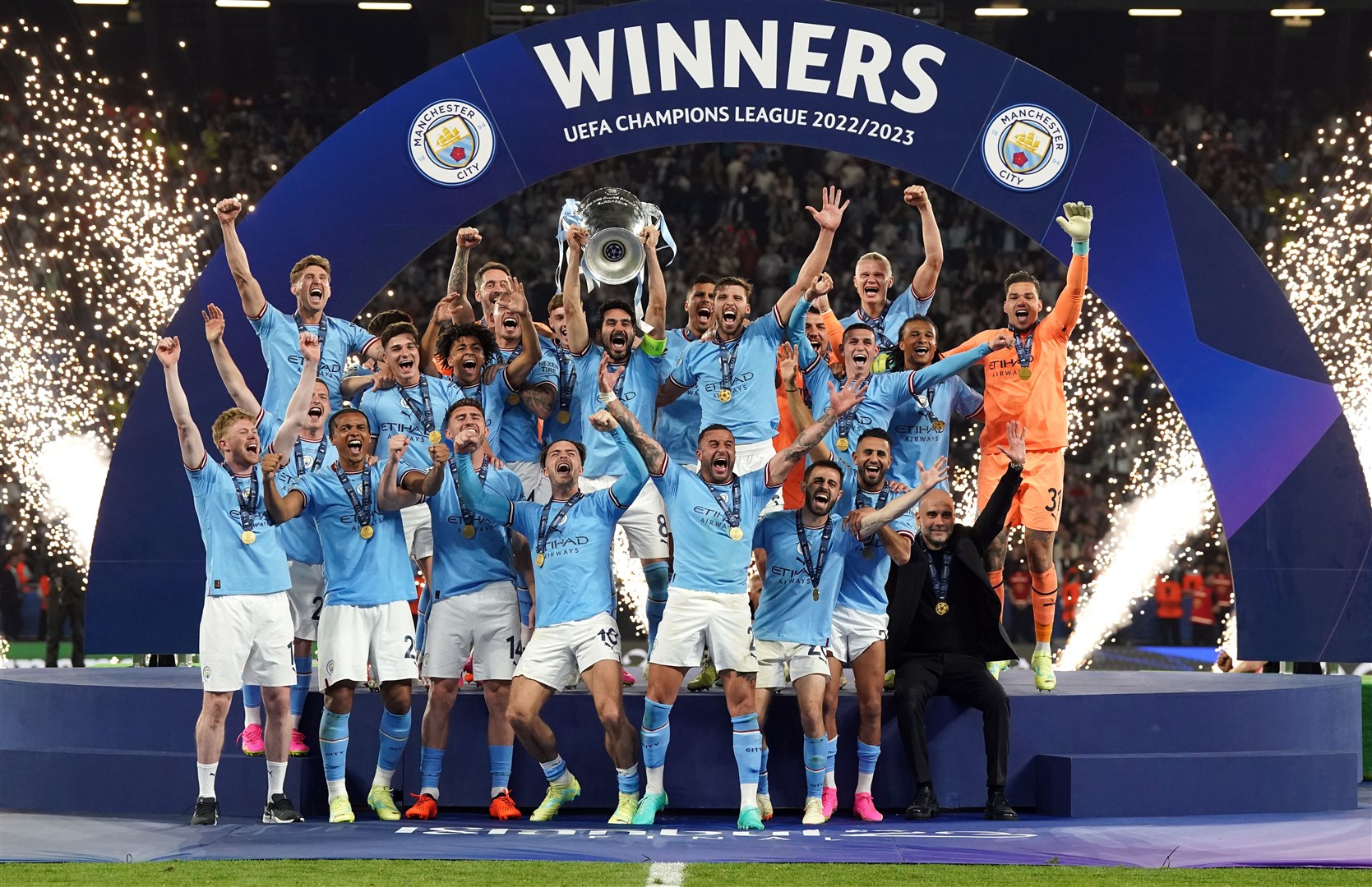 Manchester City’ lift the Uefa Champions League trophy (Nick Potts/PA)