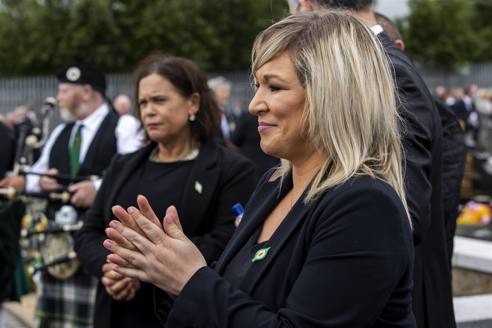 Sinn Fein leader Mary Lou McDonald and Deputy First Minister Michelle O’Neill during the funeral of senior republican Bobby Storey (Liam McBurney/PA)