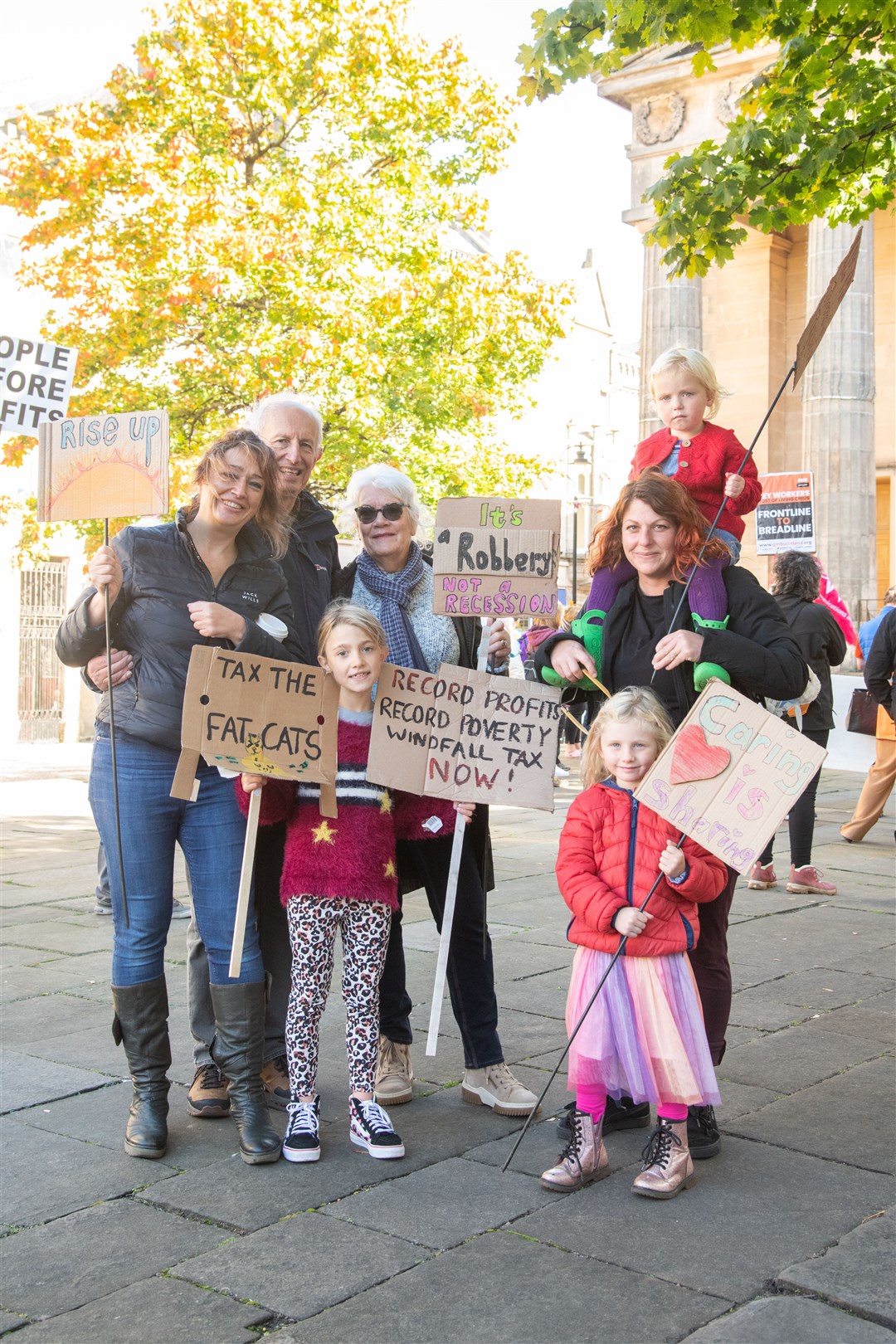 Charlotte Heppenstall (left) and Becky Gorrara, both from Cullen, with their children Flora, Ayda and Izzy and Charlotte's parents (behind). Picture: Daniel Forsyth