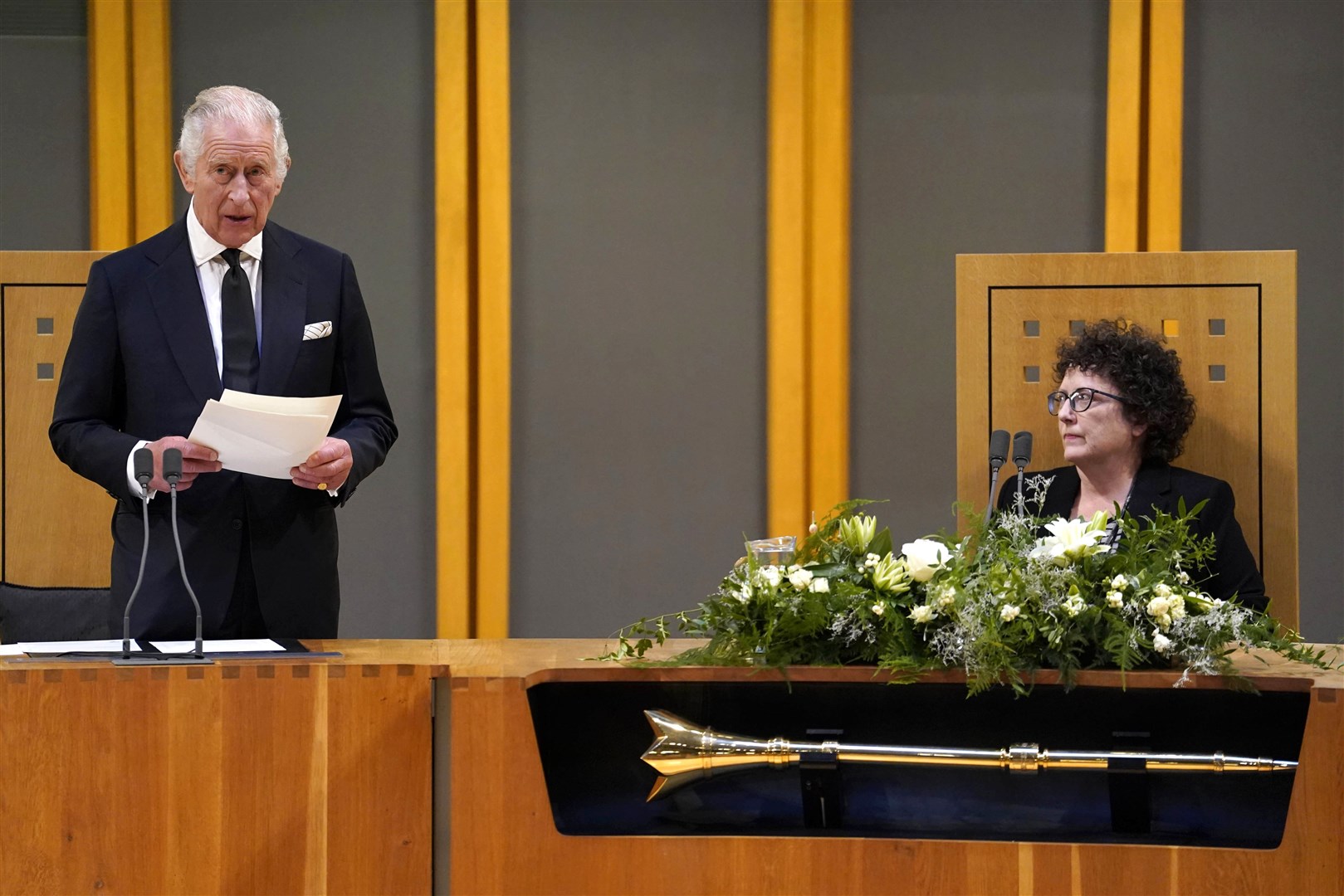 The King speaking after receiving a motion of condolence at the Senedd in Cardiff (Andrew Matthews/PA)