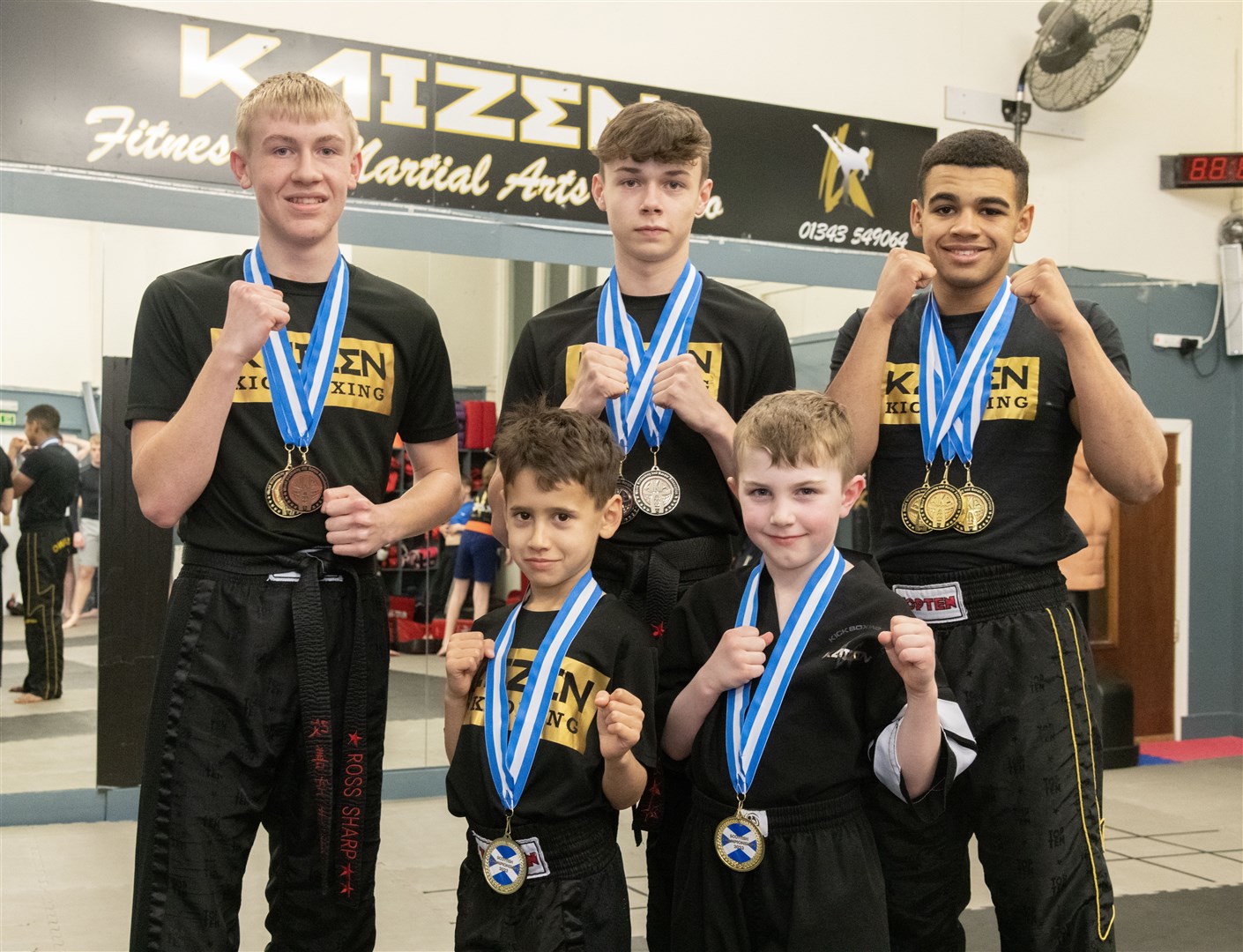 From left: Ross Sharp, Isaac Hussian, Logan Souter, Ross McGregor and Ethan Hendry from Kaizen Kickboxing have won medals at their recent competition in Paisley...Pictures: Beth Taylor.
