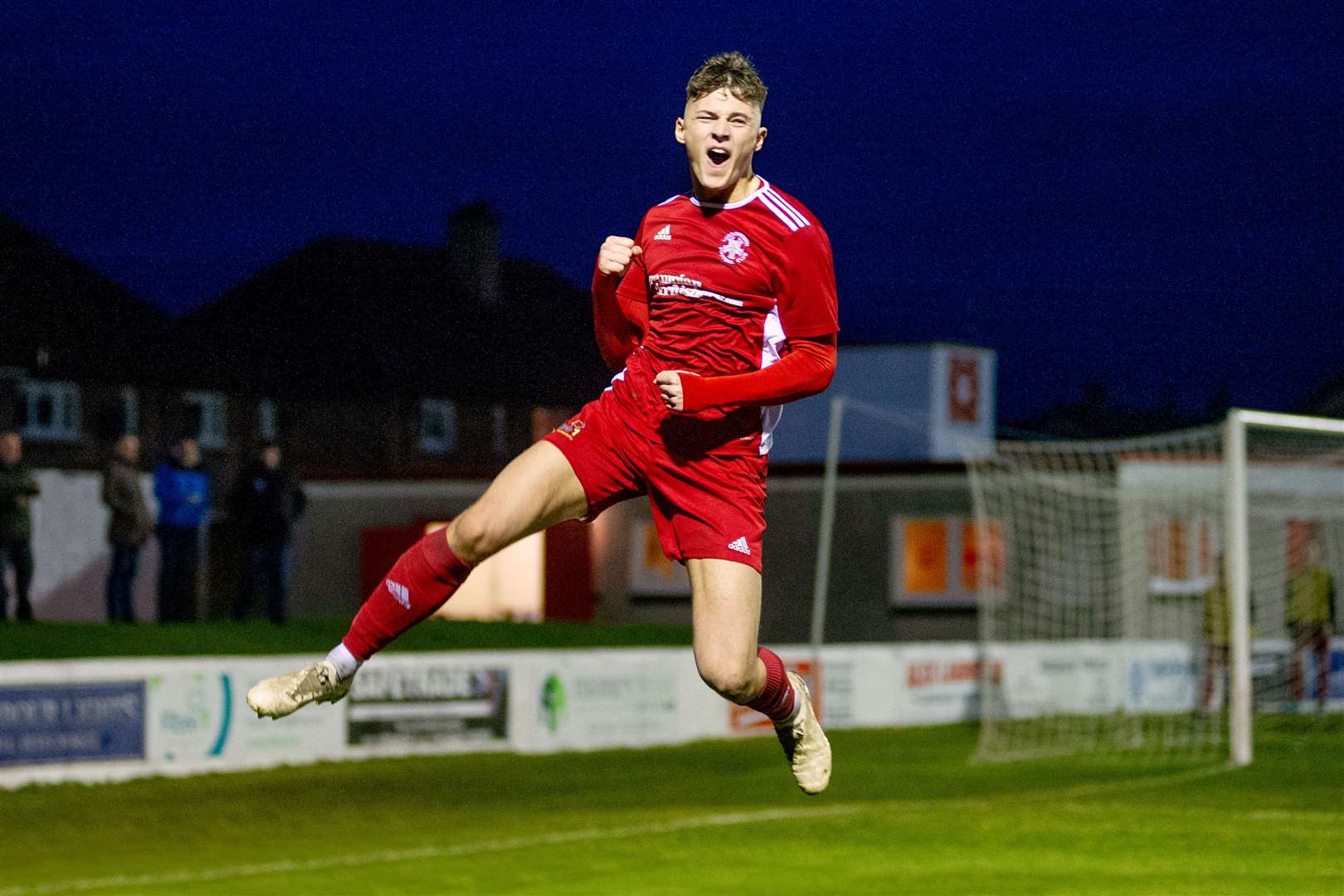 The joy of scoring a goal for Lossiemouth hits Brodie Allen.  Photo: Daniel Forsyth.