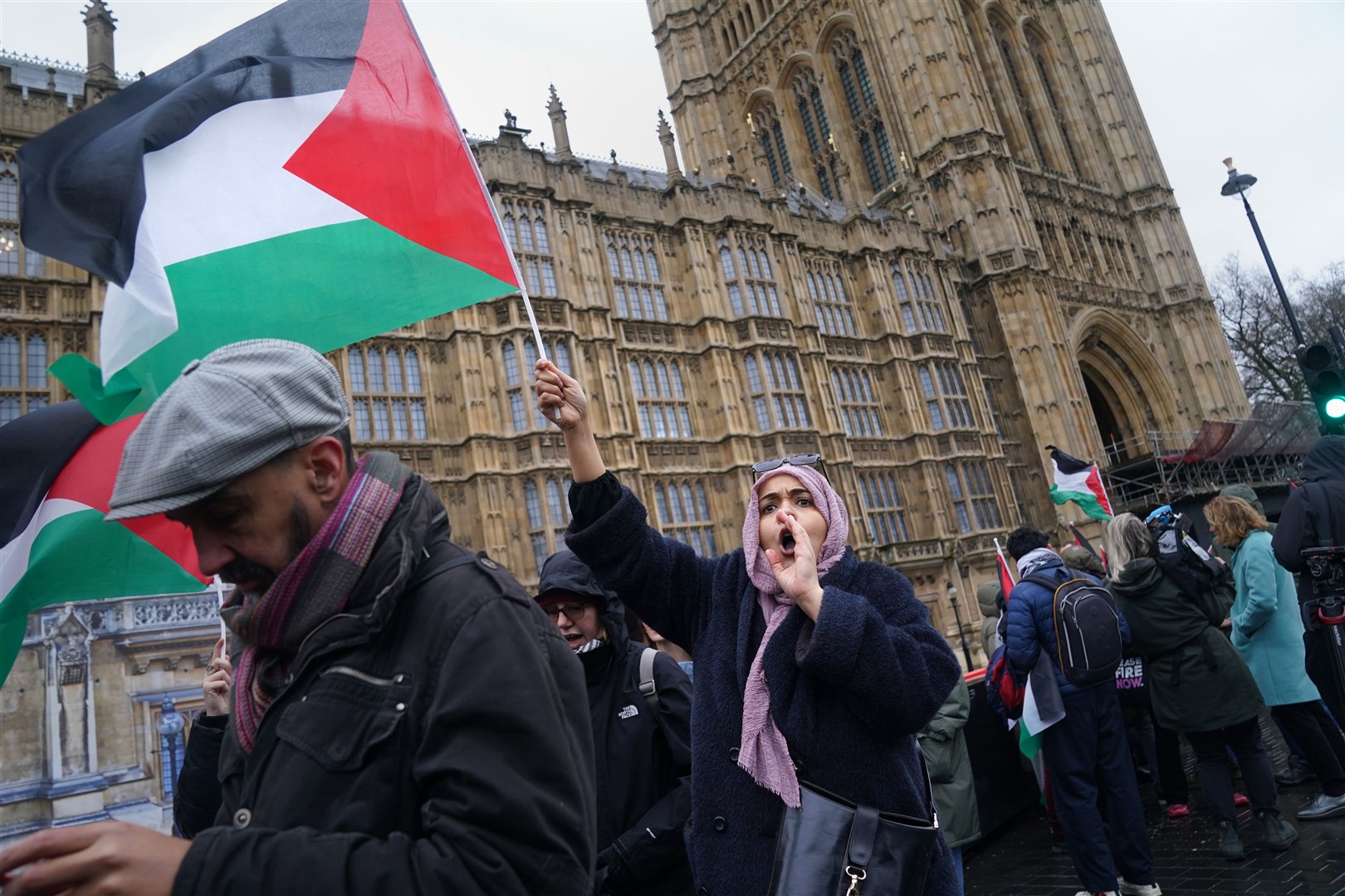 Pro-Palestinian protesters gathered outside Parliament as MPs debated a ceasefire in Gaza (Lucy North/PA)
