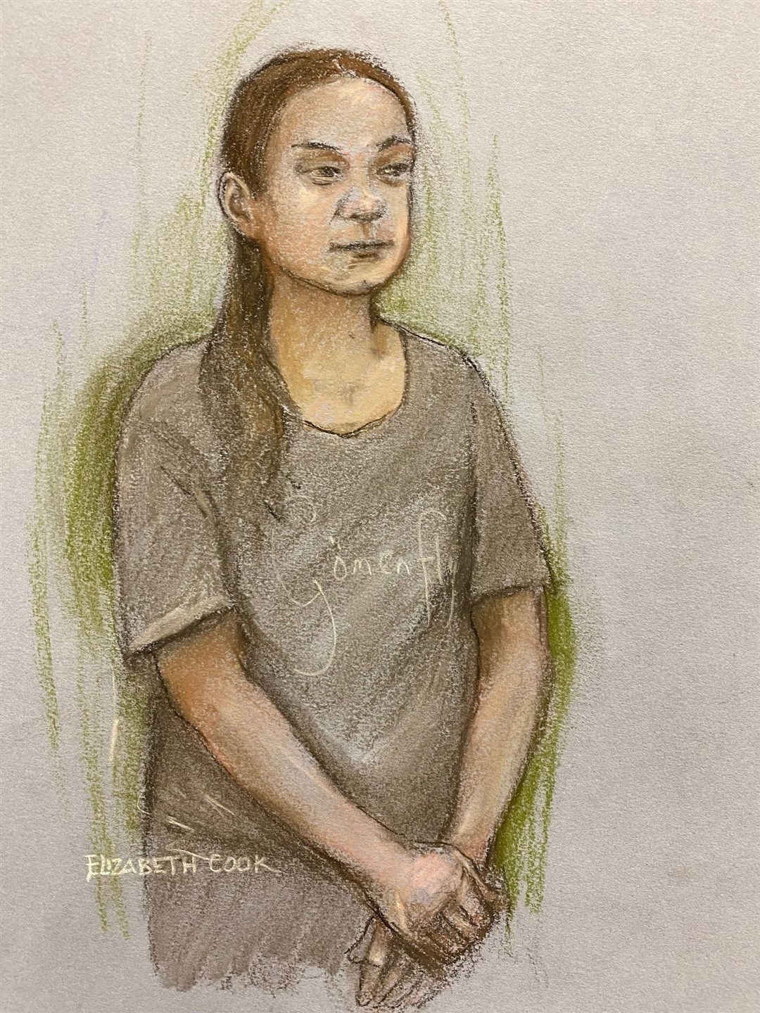 Court artist sketch of Greta Thunberg appearing at Westminster Magistrates’ Court (Elizabeth Cook/PA)