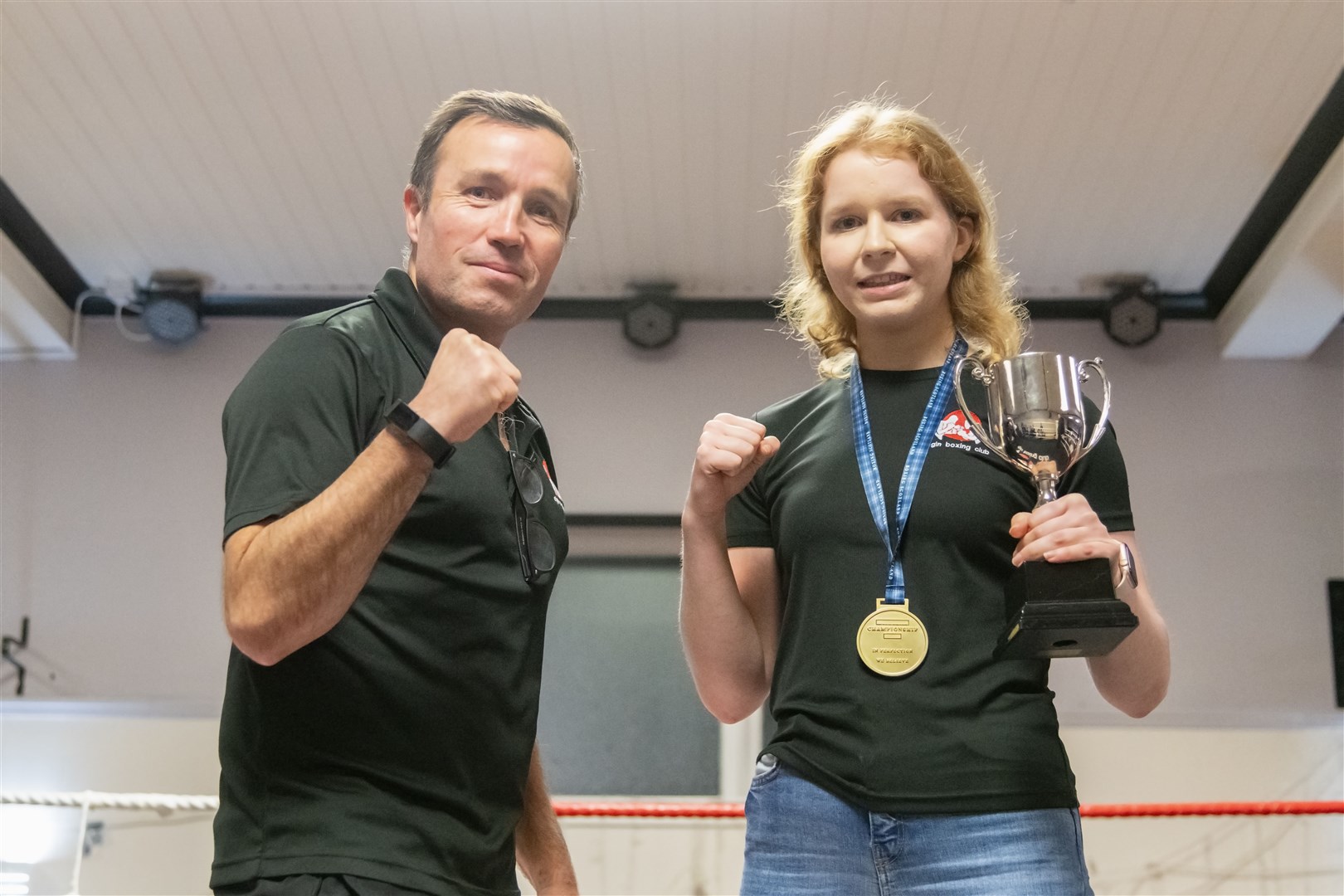 Paul 'Ratch' Gordon with Faith Ross who has won the Scottish 60kg title and Elgin Boxer of the Year...Elgin Boxing Show at Borough Briggs, 2023. ..Picture: Beth Taylor.
