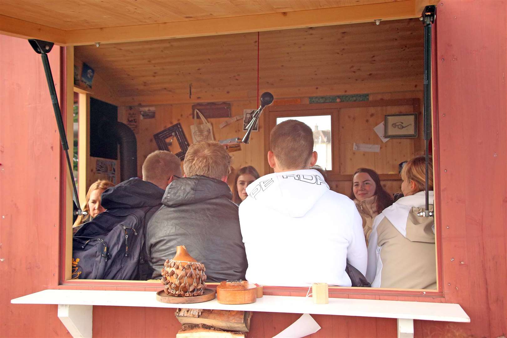 Pupils from Lossiemouth and Hersbruck join together inside the welcome hut.