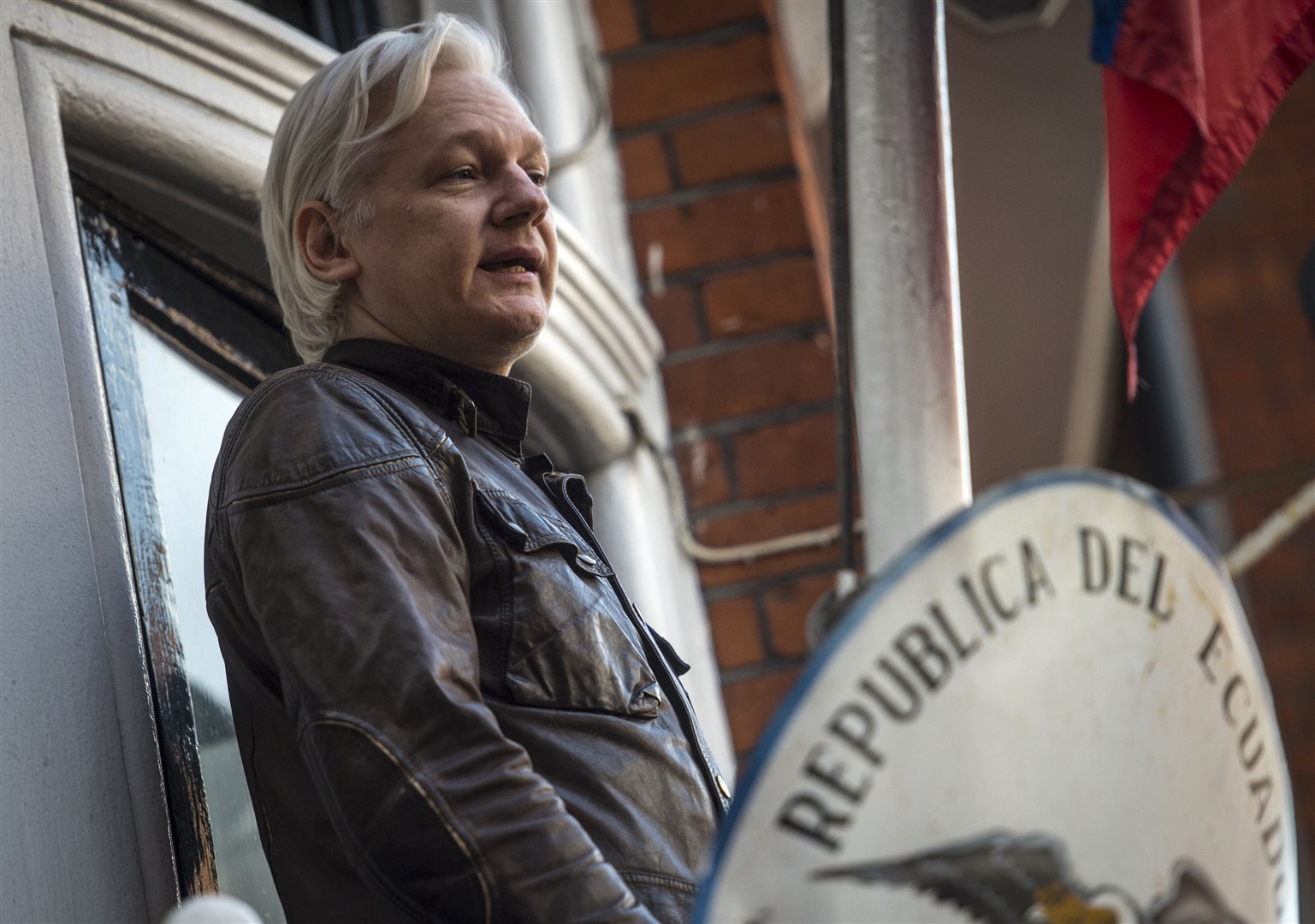 Julian Assange speaks from the balcony of the Ecuadorian embassy in London (Lauren Hurley/PA)
