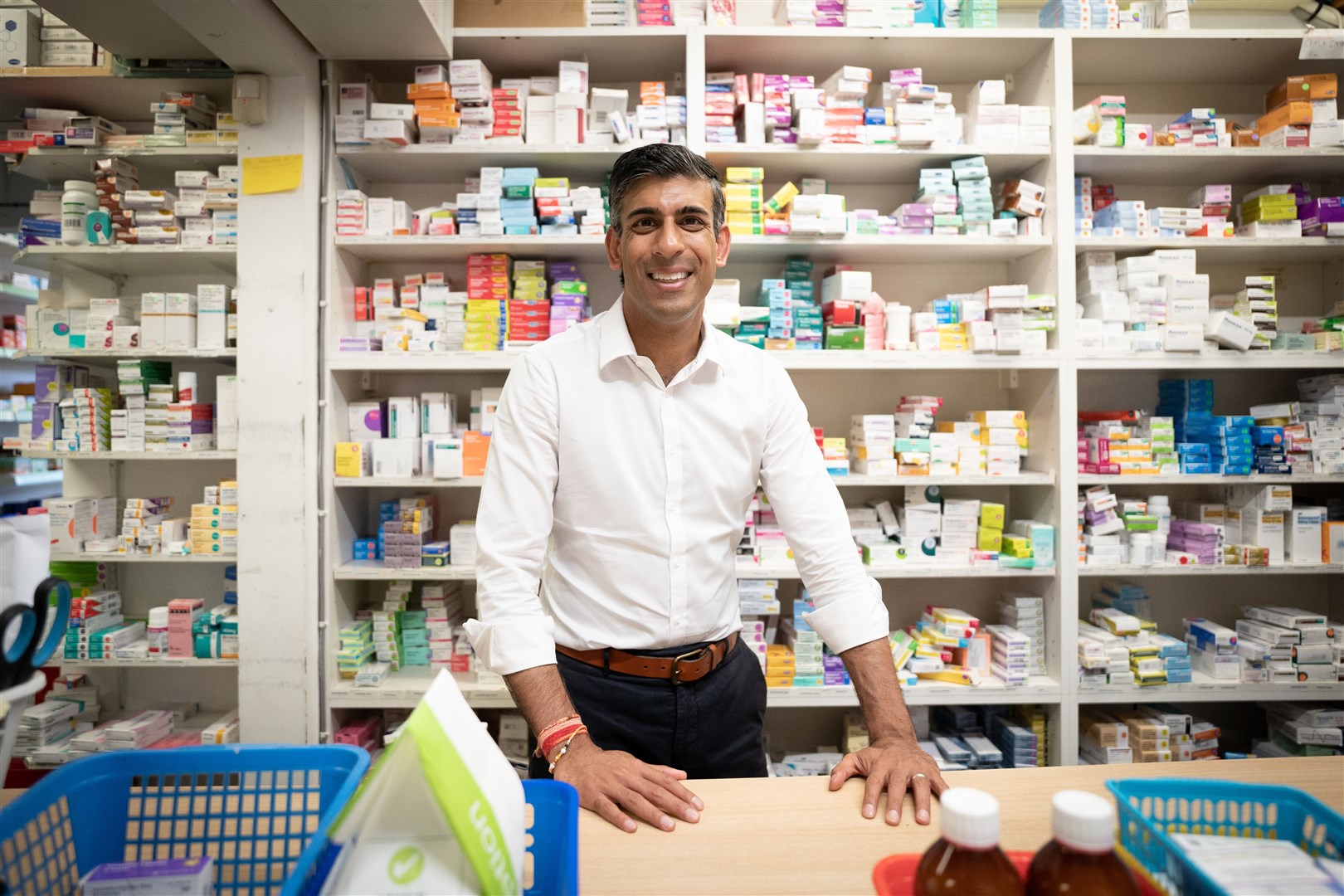 Rishi Sunak during a visit to his family’s old business, Bassett Pharmacy, in Southamptpn, Hampshire (Stefan Rousseau/PA)