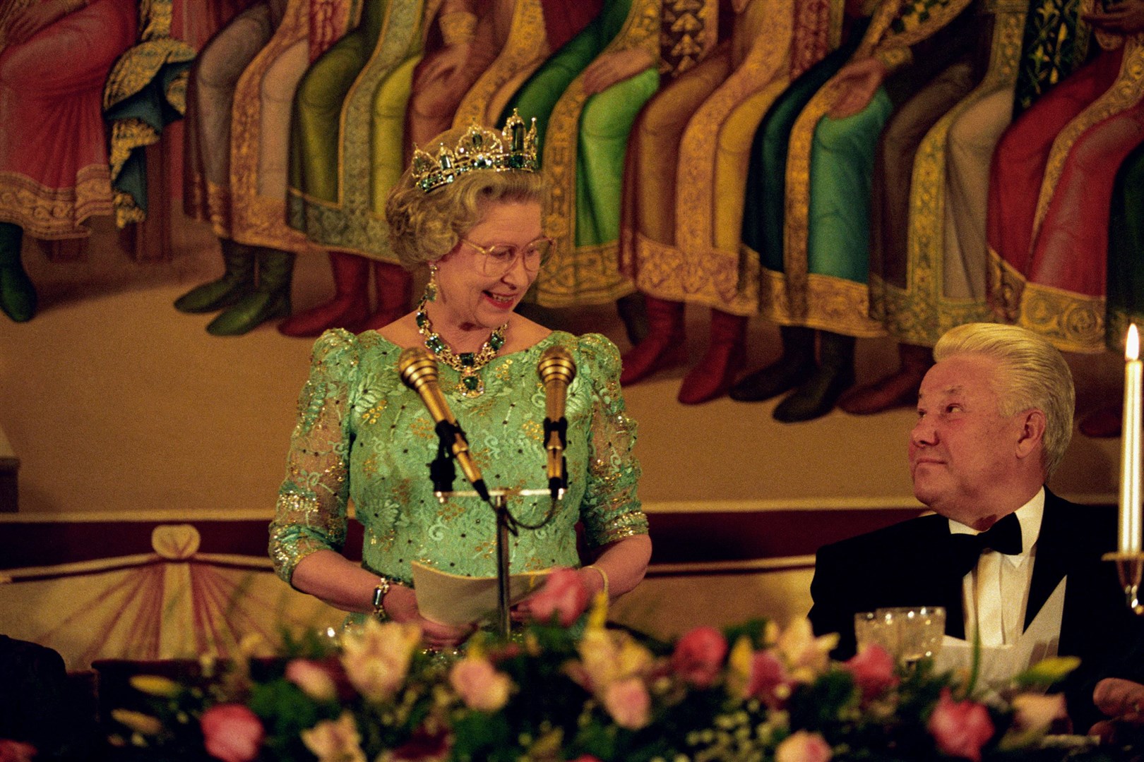 The Queen and Boris Yeltsin exchange a smile as the Queen makes a speech during a state banquet held in her honour at the Kremlin’s Faceted Hall in 1994 (Martin Keene/PA)