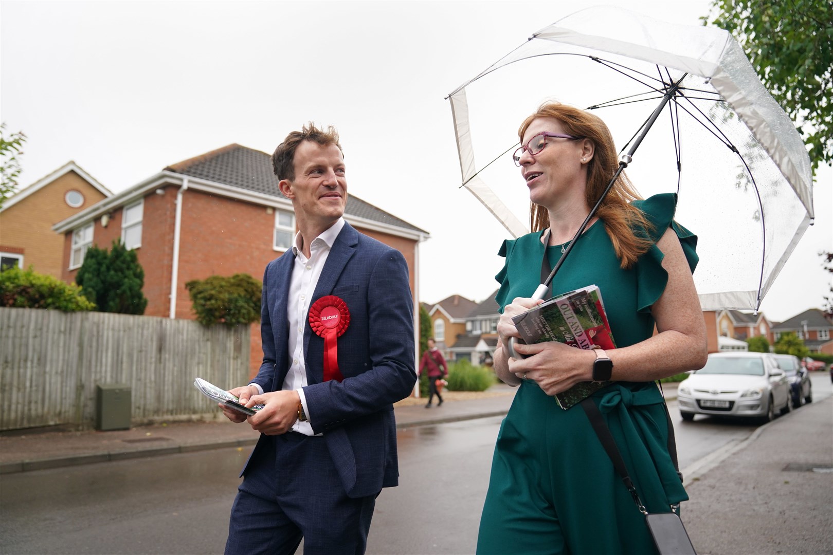 Deputy Labour leader Angela Rayner campaigning in Mid Bedfordshire’s Shefford with Labour candidate Alistair Strathern (Jacob King/PA)