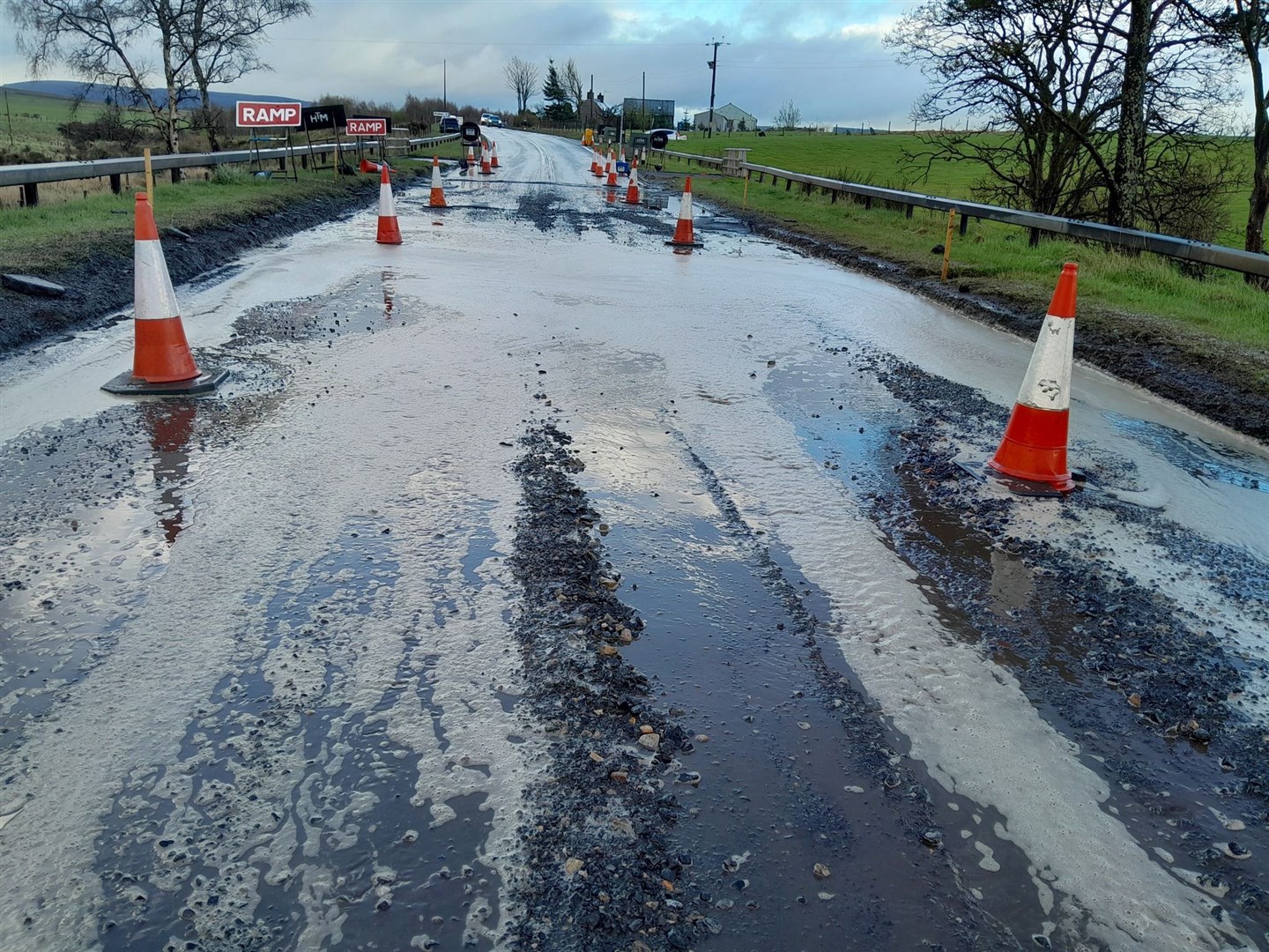Amey has released new images which show the extent of flooding issues which mean the A96 will be closed until at least 6.30am on Wednesday.