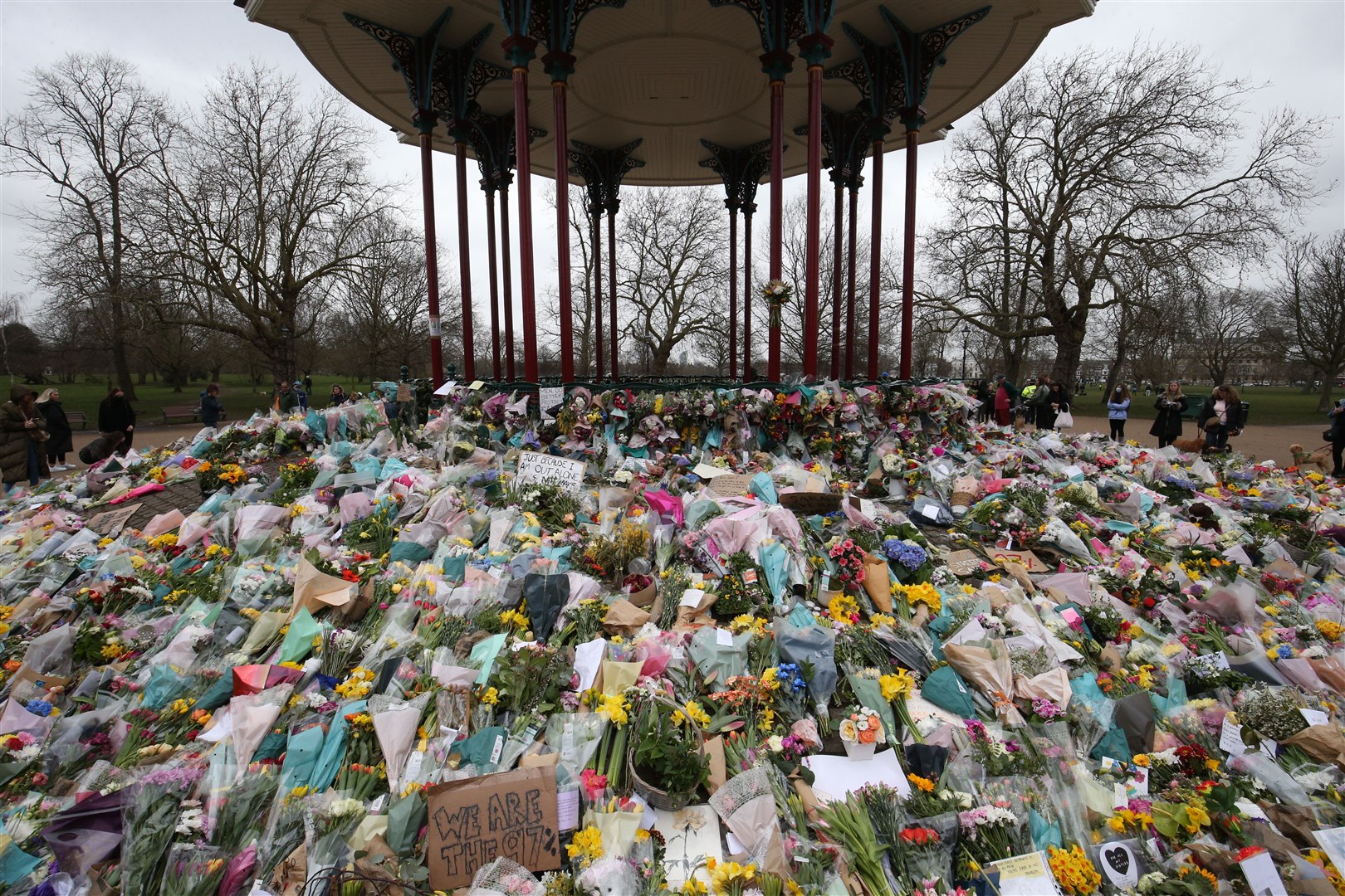 Floral tributes left at the bandstand in Clapham Common, London, for murdered Sarah Everard (Jonathan Brady/PA)