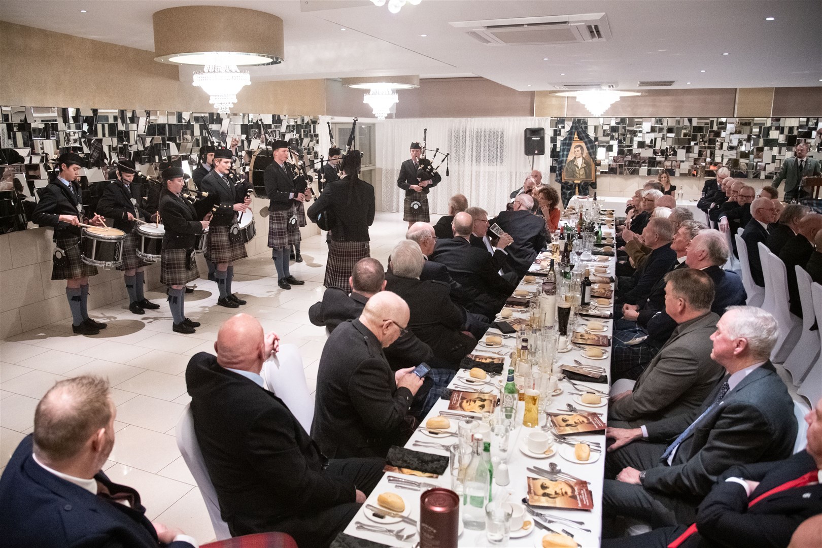 Gordonstoun School Pipe Band play on the evening. ..Elgin Burns Club's annual anniversary dinner at the Mansefield Hotel. ..Picture: Daniel Forsyth..