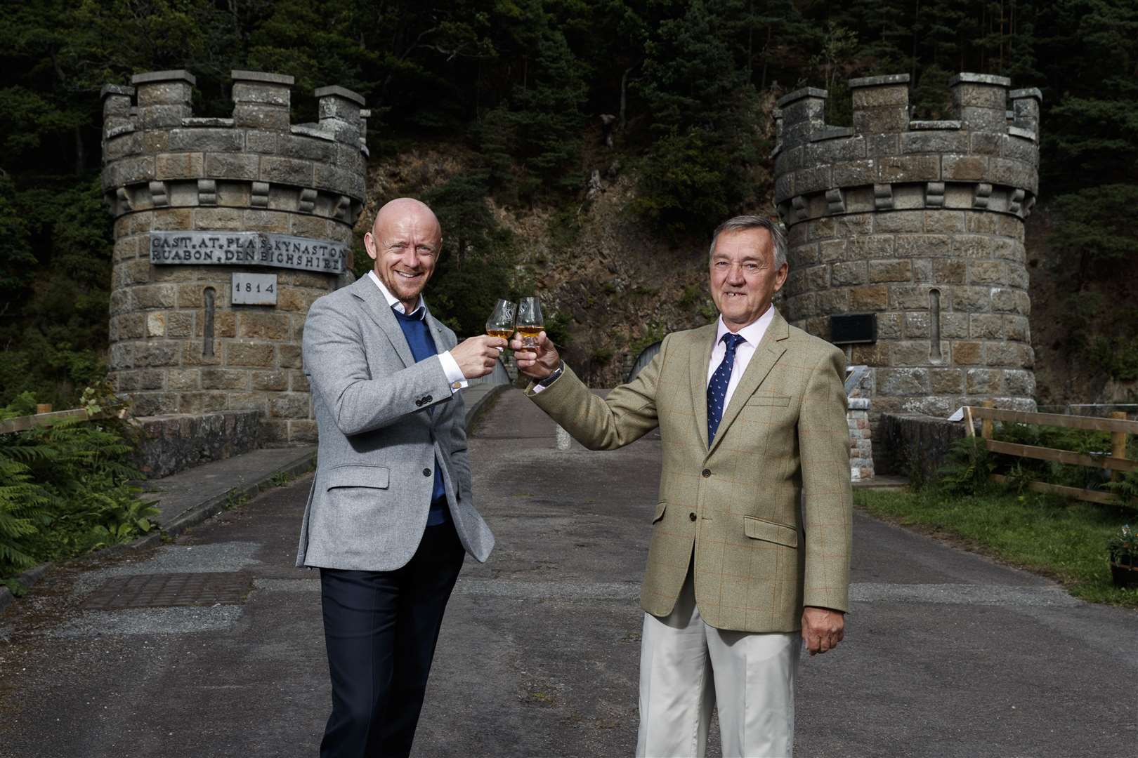 Spirit of Speyside Whisky Festival chair George McNeil (left) and outgoing chair James Campbell at Craigellachie Bridge. Picture: Ross Johnston/Newsline Media.