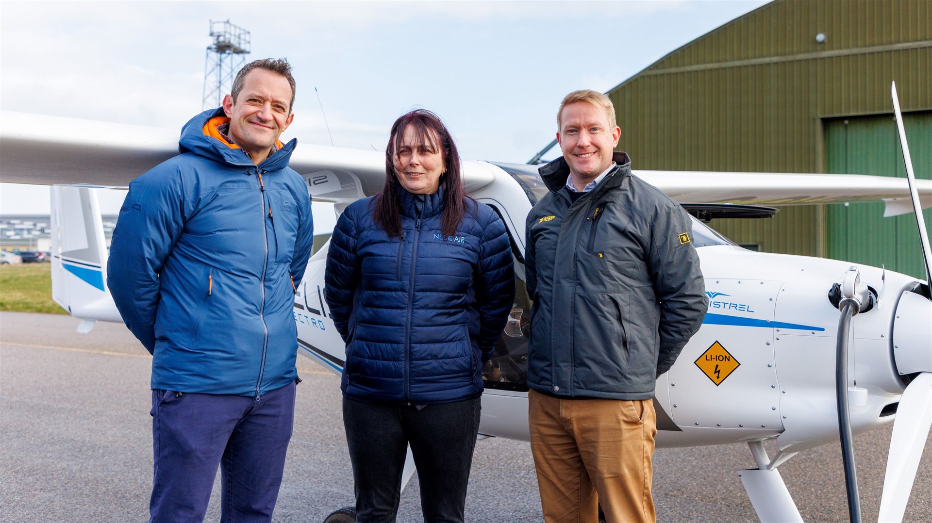 RAF Lossiemouth Station Commander, Group Captain Jim Lee, NEBOAir Director, Kerry Wilmot and Officer-in-Charge Moray Flying Club, Squadron Leader David Taudevin, at the launch of the new electric aircraft. Picture RAF Lossiemouth Media Team