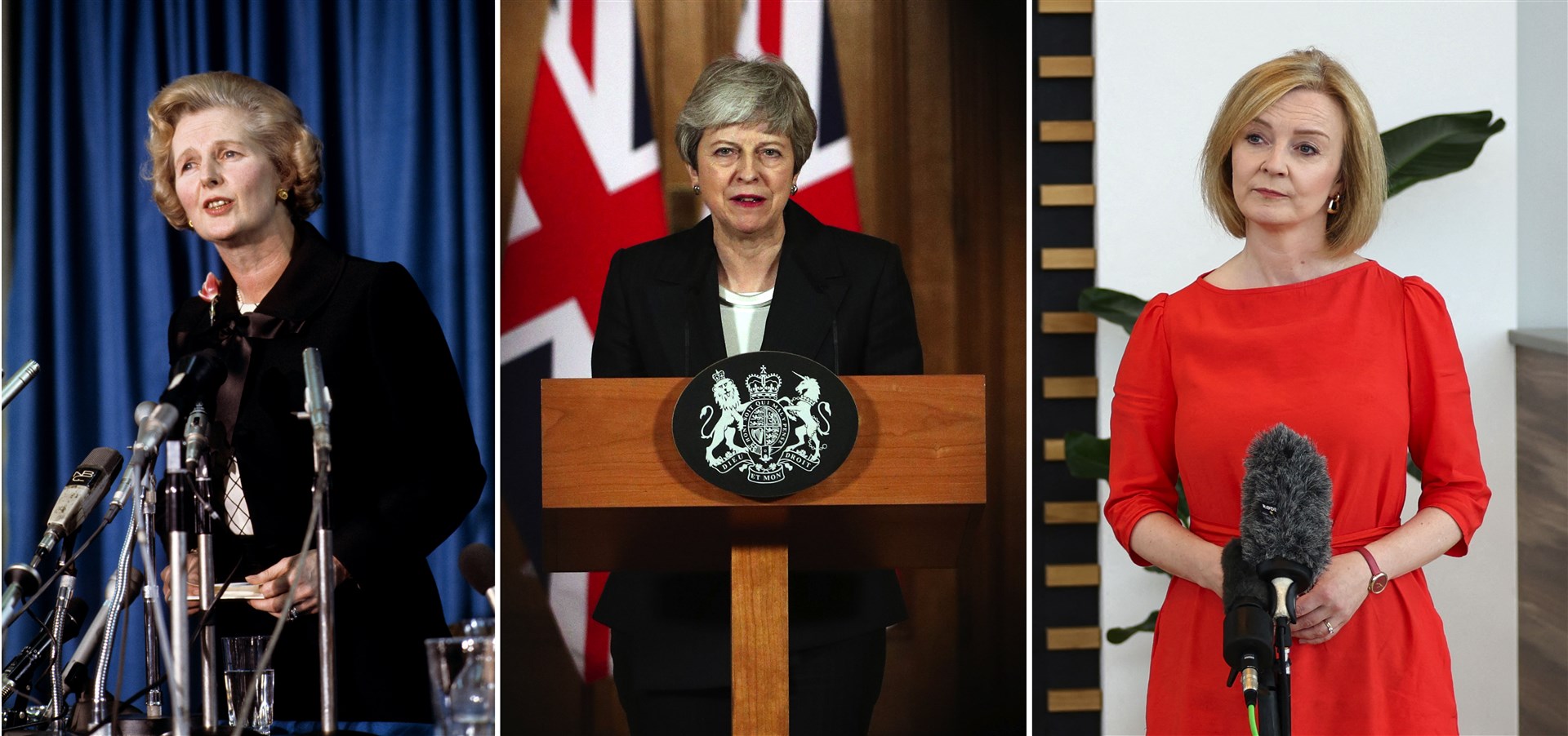 Margaret Thatcher, Theresa May and Liz Truss, who has secured her place as the UK’s third female prime minister after beating Rishi Sunak in the election for the leadership of the Conservative Party (PA)
