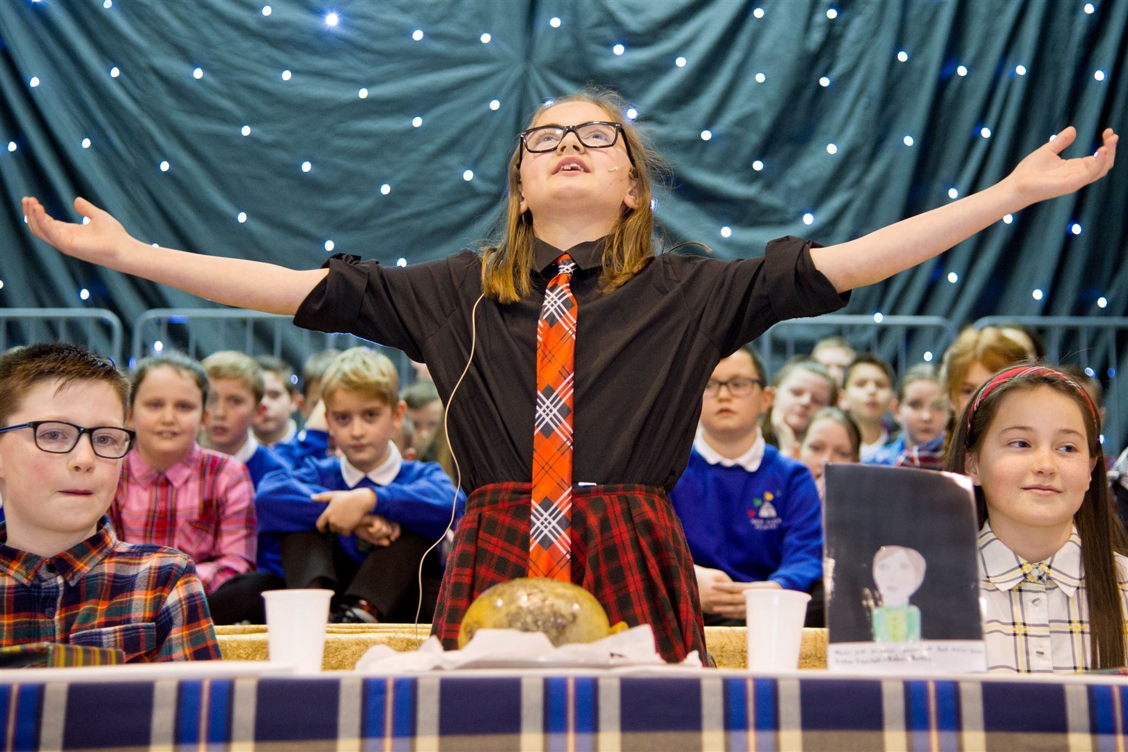 Amy Anderson addressing the Haggis at New Elgin Primary School in 2019. Picture: Daniel Forsyth.