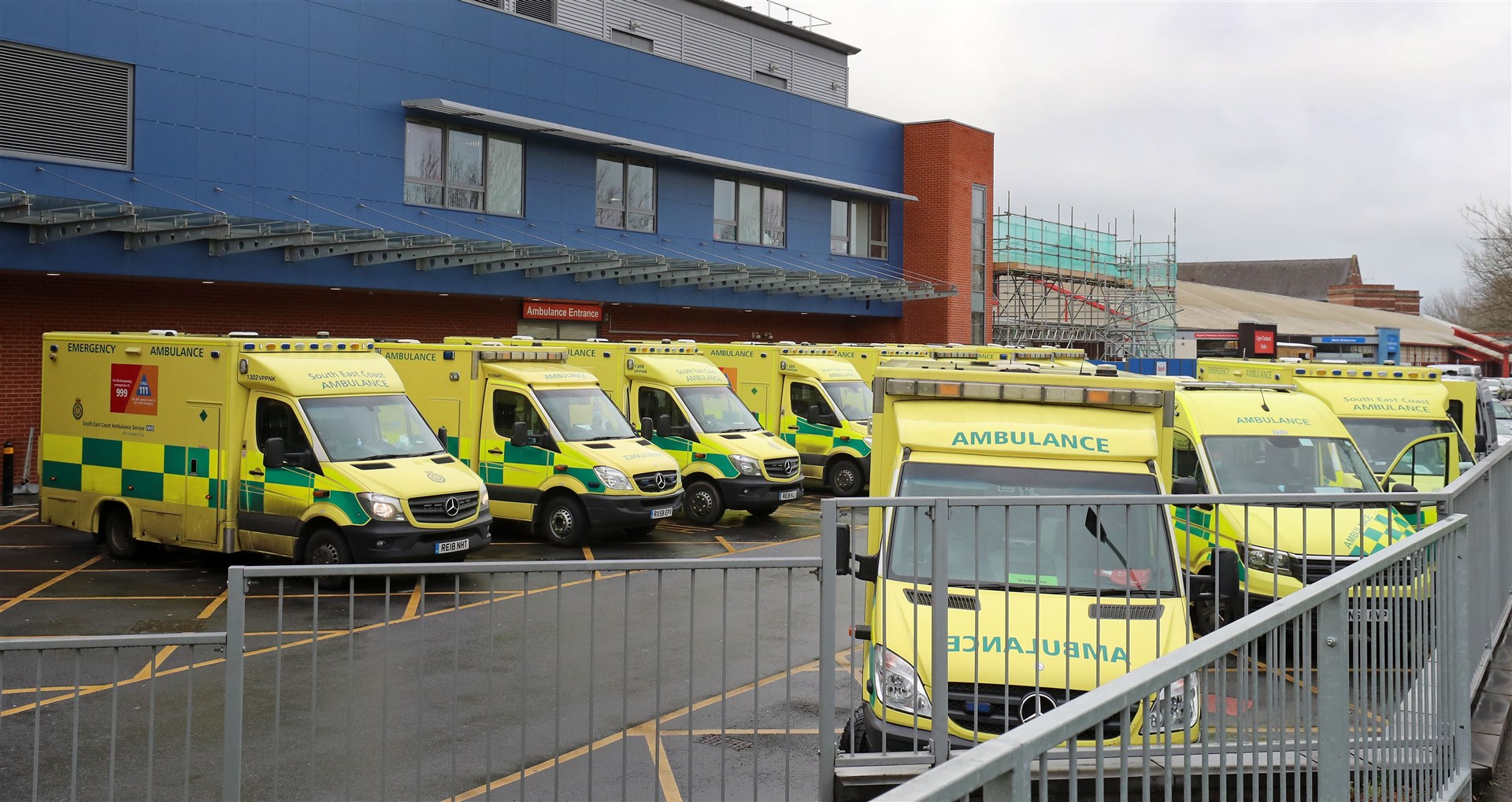 Ambulances lined up outside the Medway Maritime Hospital in Gillingham, Kent (Gareth Fuller/PA)