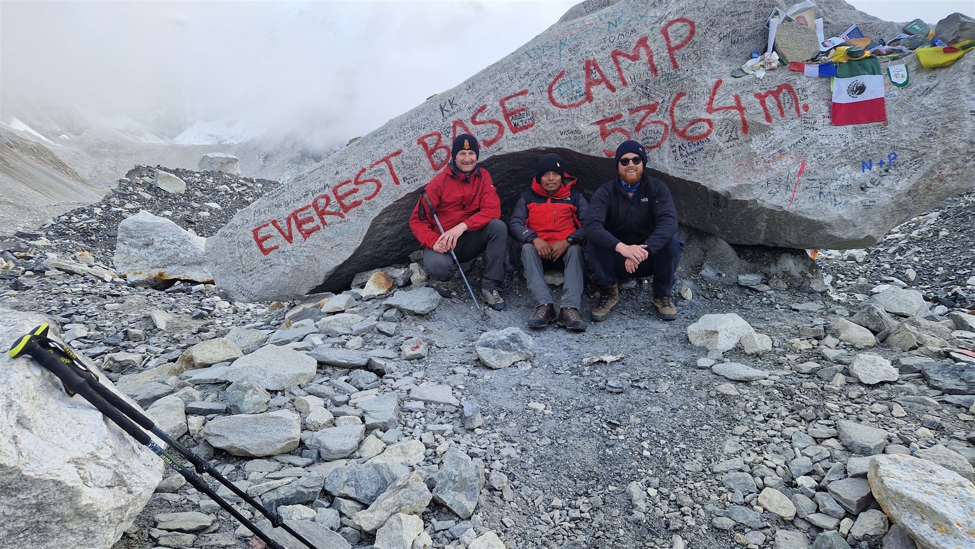 Stephen Wiltshire, Chandra Tamang Sherpa and Kyle Wiltshire at Everest Base Camp.
