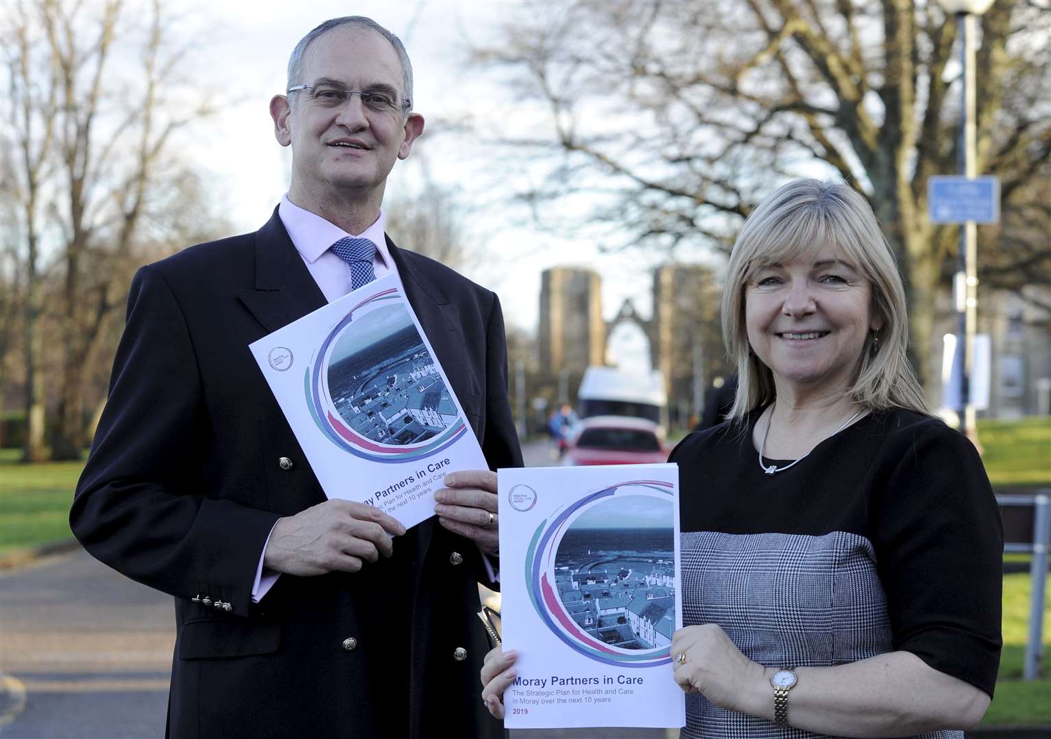 Jonathan Passmore, chairman of Moray Integrated Joint Board, and Pam Dudek, chief officer for Health and Social Care Moray, launch the Strategic Plan 2019-29. Picture: Eric Cormack.