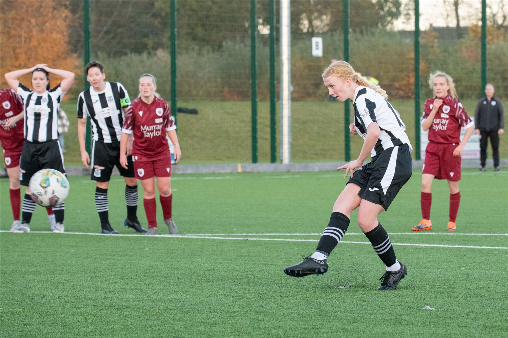 Elgin City's Lily Morrison scores a second half penalty for the home side. ..Elgin City FC Women (5) vs Arbroath FC Women (2) - SWFL North League 23/24 - Gleaner Arena, Elgin 05/11/2023...Picture: Daniel Forsyth..