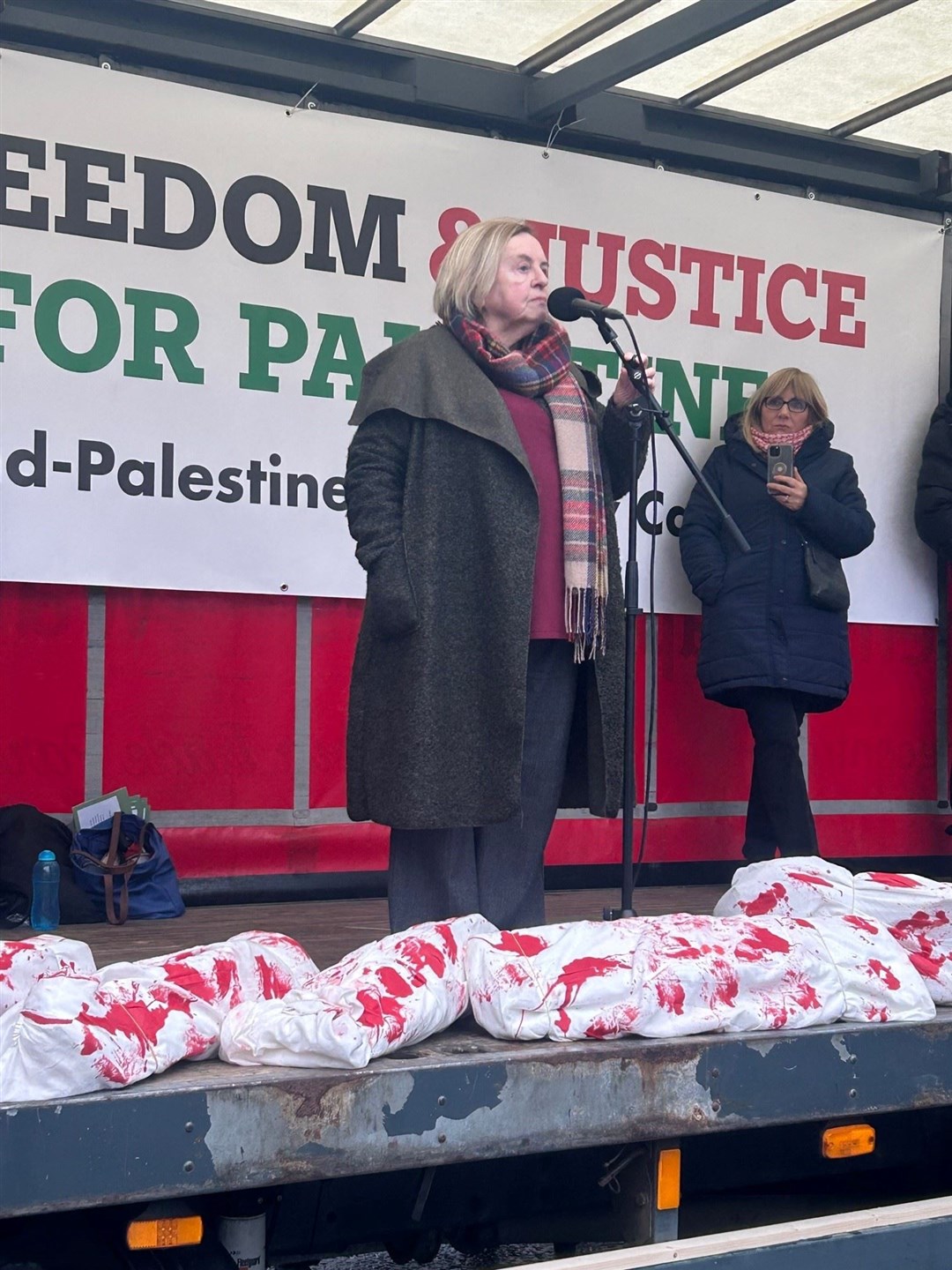 Bernadette McAliskey addressing the demonstration (Cillian Sherlock/PA)