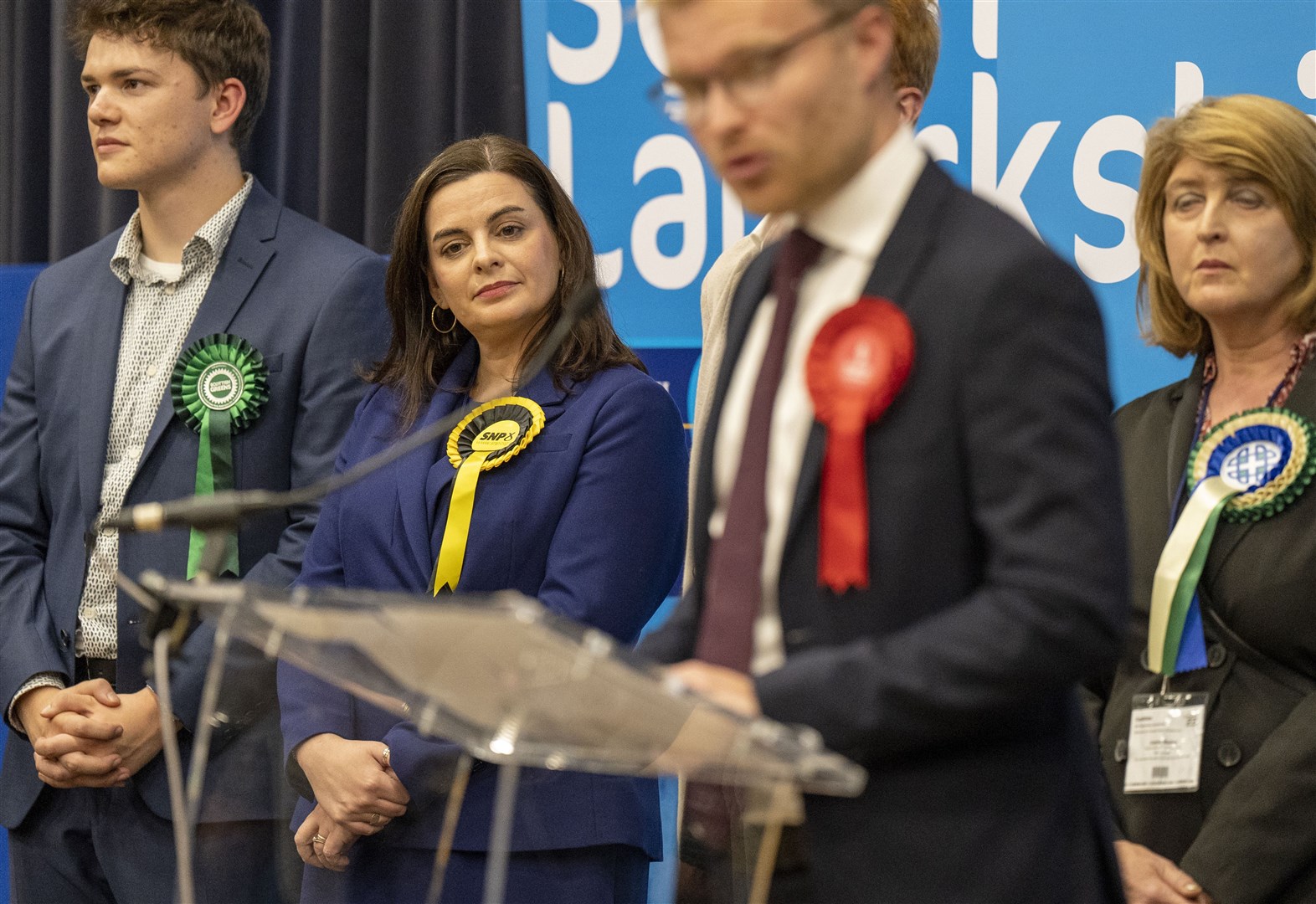 SNP candidate Katy Louden, second left, was heavily defeated by Labour’s Michael Shanks (Jane Barlow/PA)