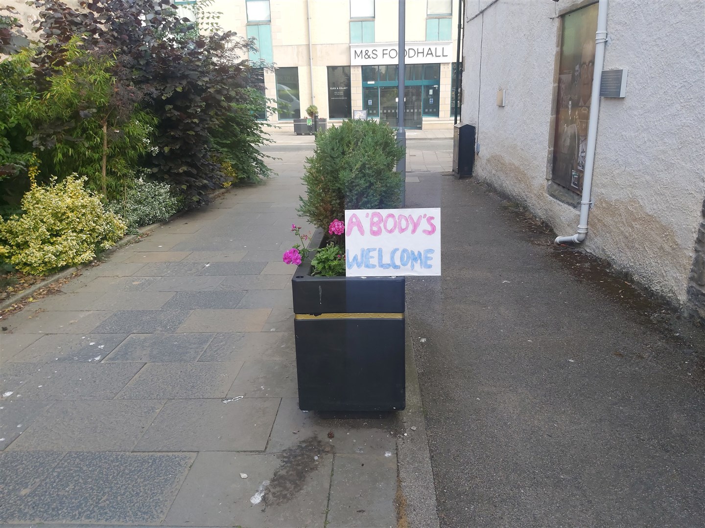 A reminder of the events of last Saturday. A discarded placard in a flower tub in the centre of Elgin which sums up the strength of feeling in two words.