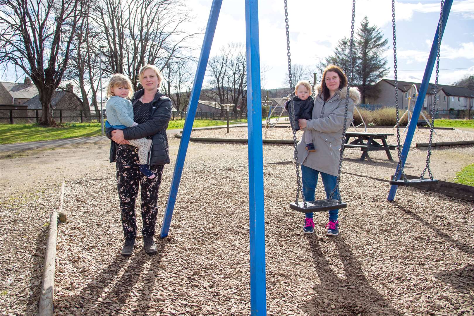 Ellie & Ava Davies and Nicola & Angus Cowie...A community lead group has been set up in Rothes to help fundraise to develop and transform the town's playpark. ..Picture: Daniel Forsyth..
