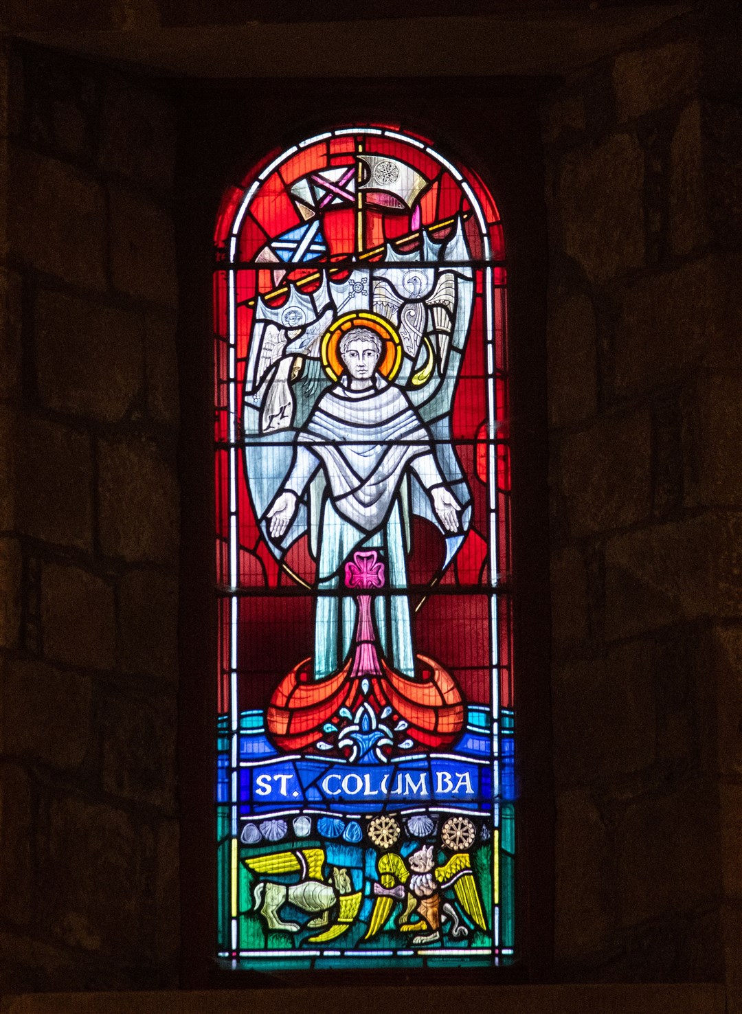 This stained glass window dedicated to St Columba is a later addition. Picture: Daniel Forsyth.