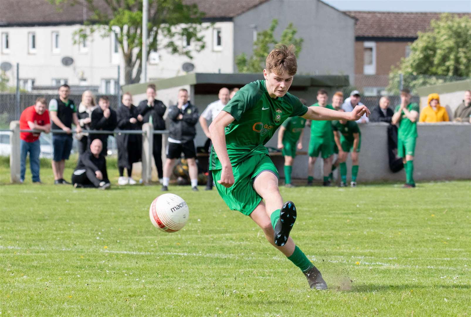 Dufftown's Aiden Cruickshank scores the winning penalty...Dufftown FC (2) vs Forres Thistle FC (2) - Dufftown FC win 5-3 on penalties - Elginshire Cup Final held at Logie Park, Forres 14/05/2022...Picture: Daniel Forsyth..
