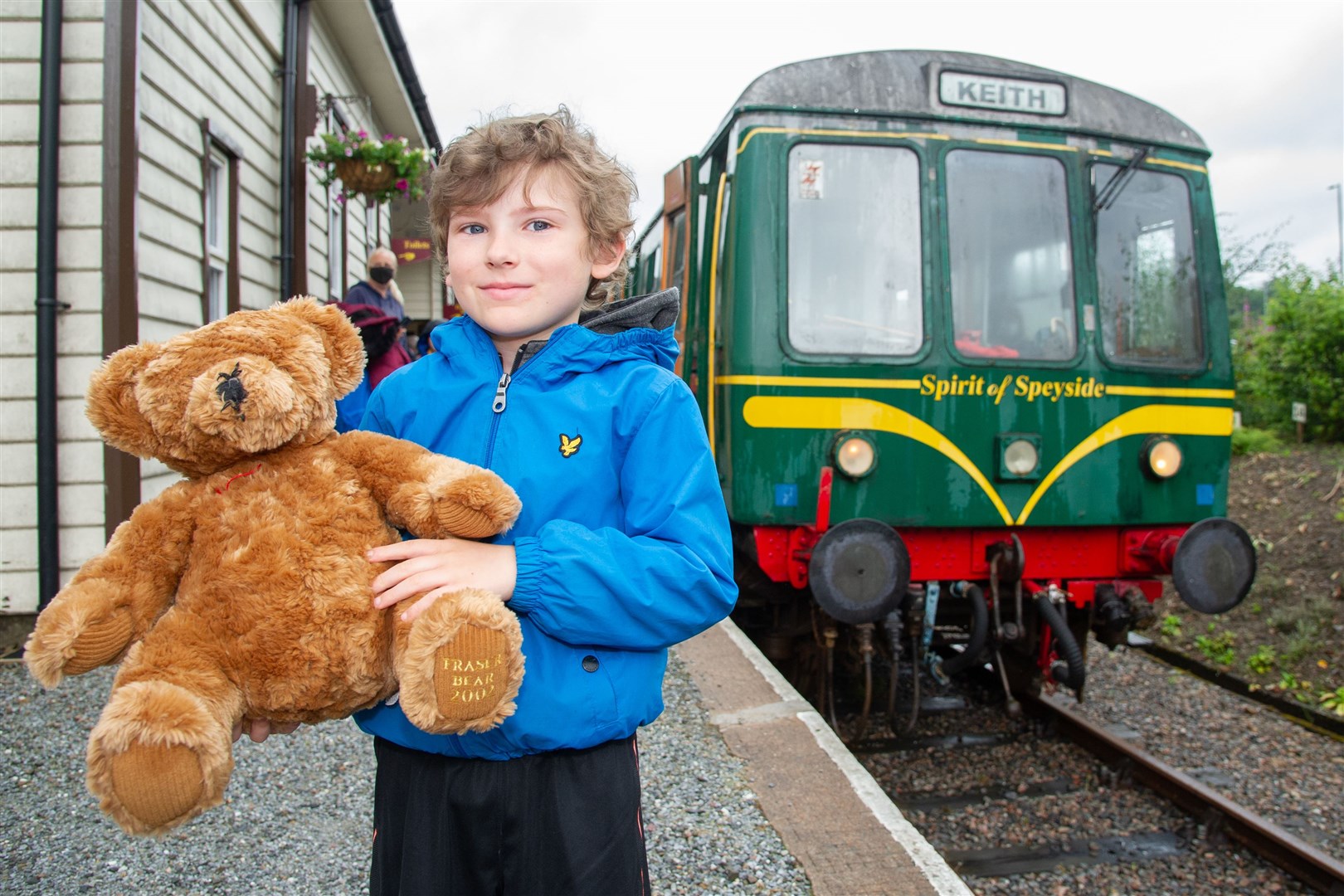 Aidan Mulholland and his guest get ready to board the Keith and Dufftown Railway Teddy Bear Train. Picture: Daniel Forsyth.