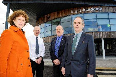 Pictured outside Elgin Academy are the senior Moray Council team, from left, Anne Skene, Nick Goodchild, George Alexander and Graham Jarvis. Photo by Daniel Forsyth.