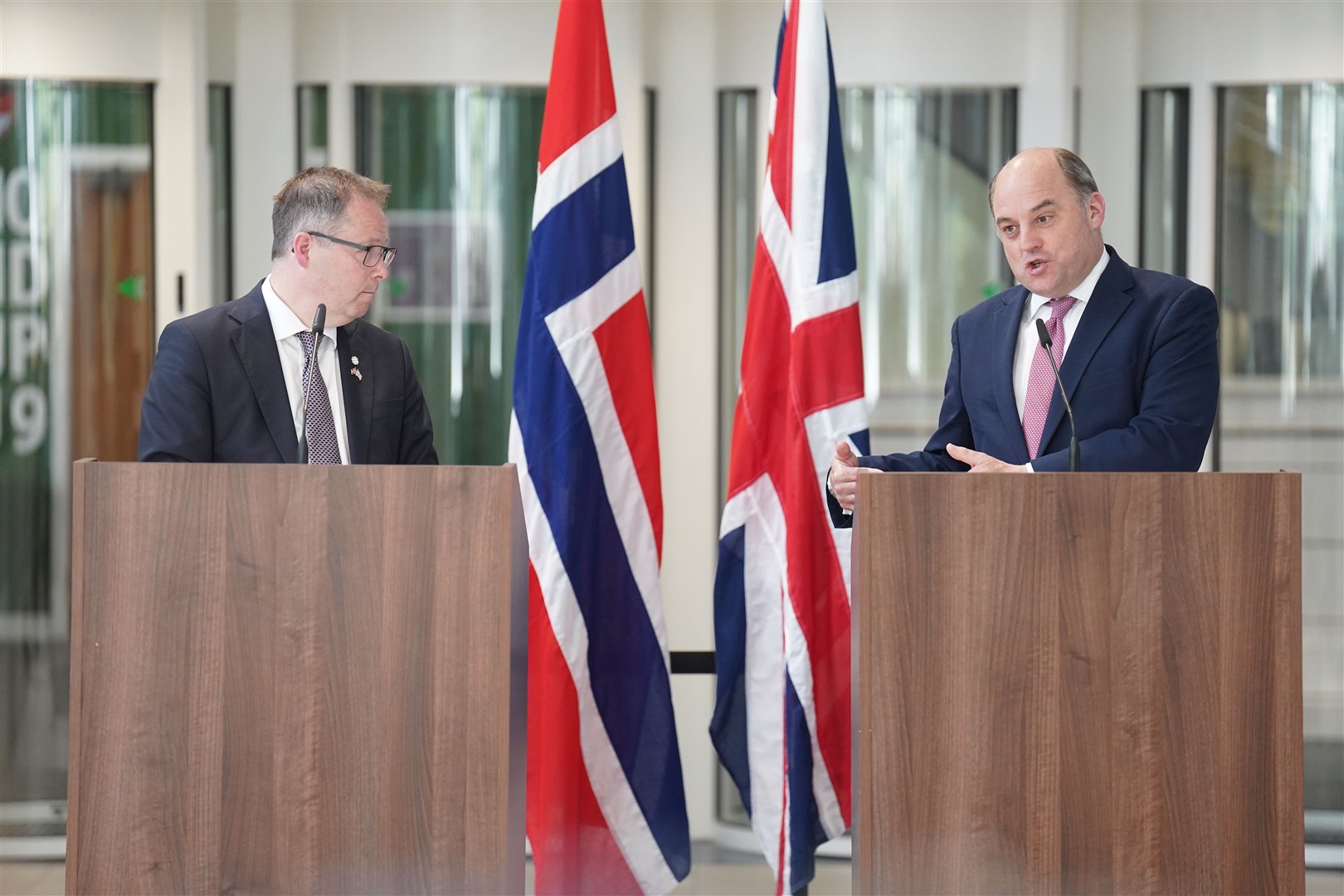 Defence Secretary Ben Wallace during a press conference with Norwegian defence minister Bjorn Arild Gram, at Permanent Joint HQ in Northwood (James Manning/PA)