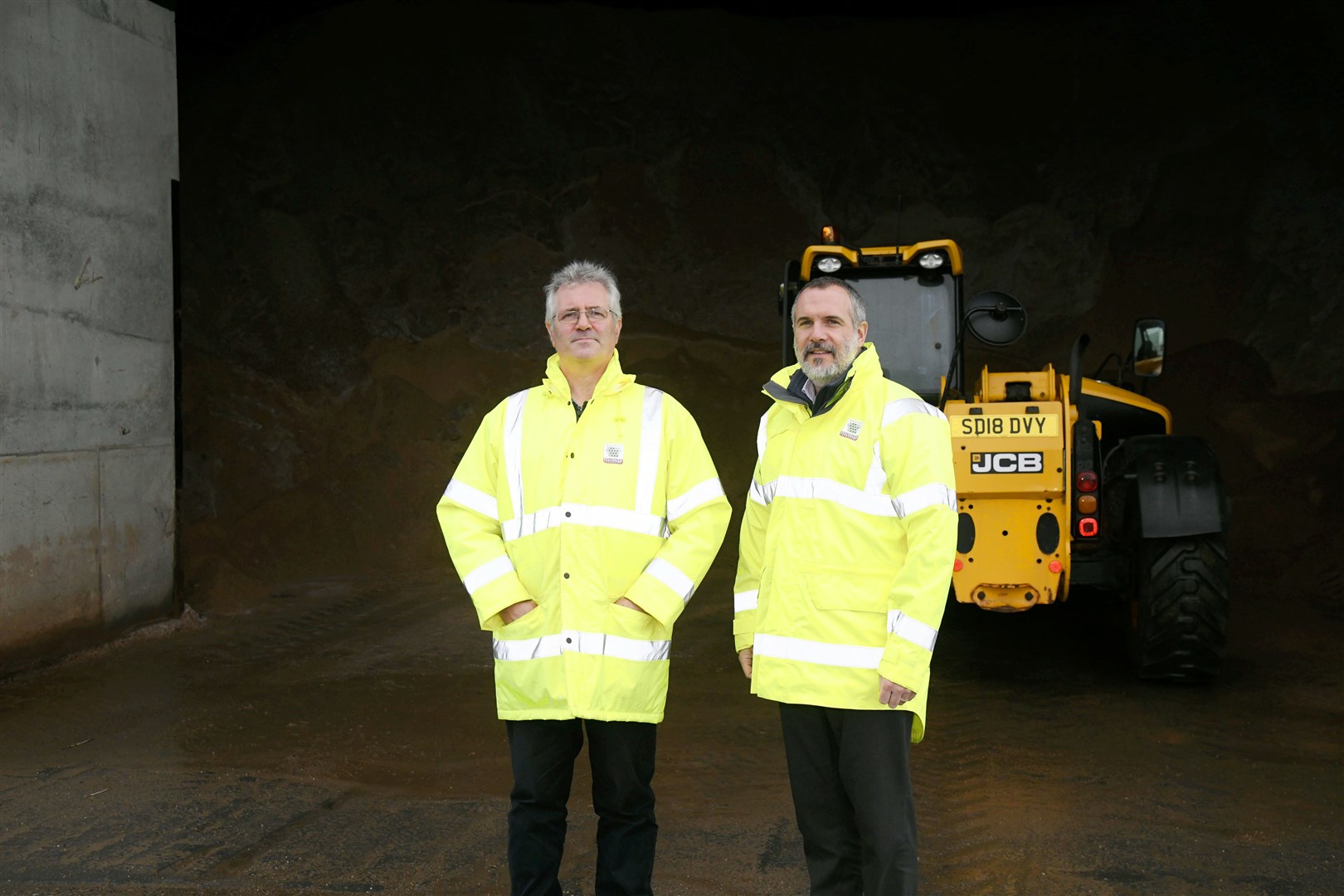 Glen Hopkins (left) and Grant Brotherston (right) in front of the salt dome in Elgin in preparation for its winter maintenance programme...Picture: Beth Taylor.
