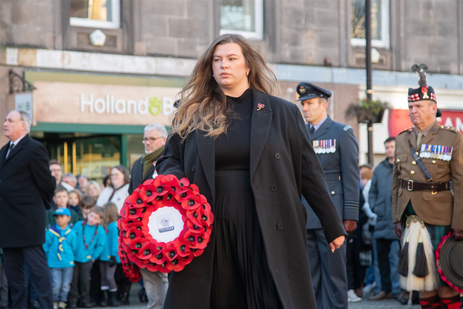 Elgin City North Councillor Amber Dunbar...Remembrance Sunday parade and wreath laying on Elgin High Street 2023. ..Picture: Daniel Forsyth..
