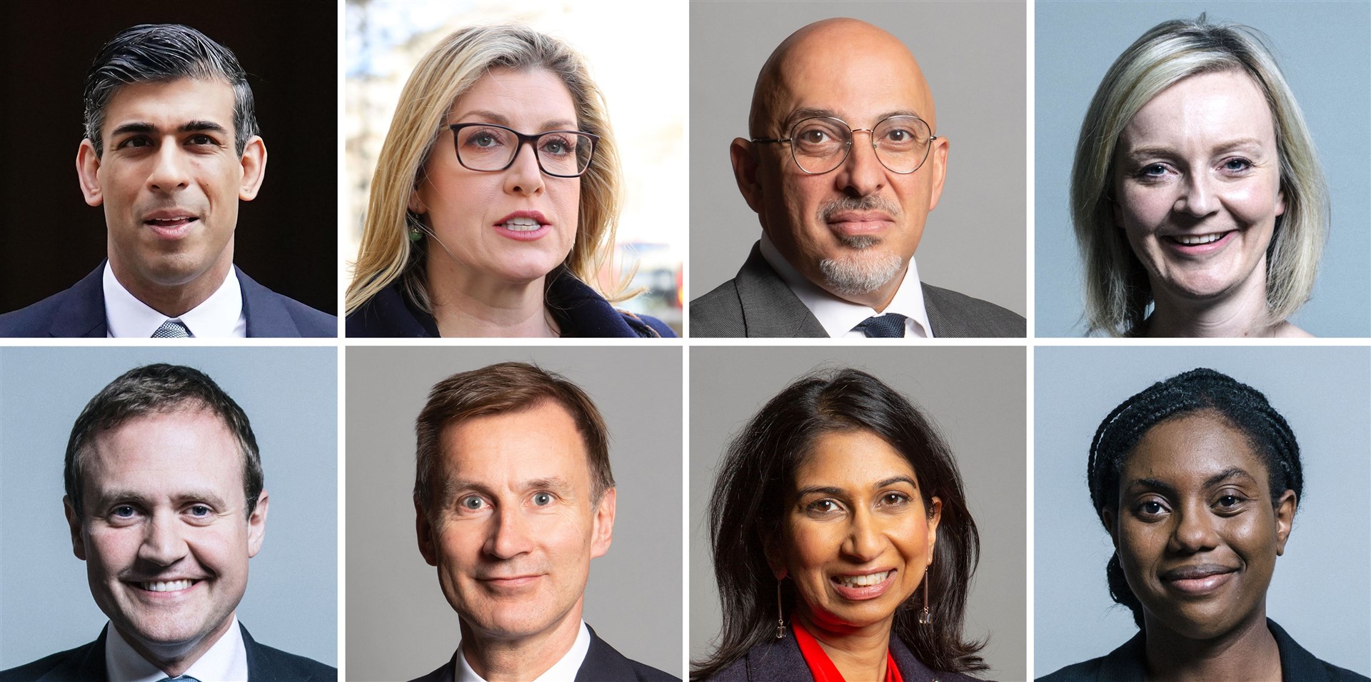 The eight candidates in the Conservative Party leadership race, (top row left to right), Rishi Sunak, Penny Mordaunt, Nadhim Zahawi, and Liz Truss, (bottom row left to right) Tom Tugendhat, Jeremy Hunt, Suella Braverman and Kemi Badenoch (UK Parliament/PA)