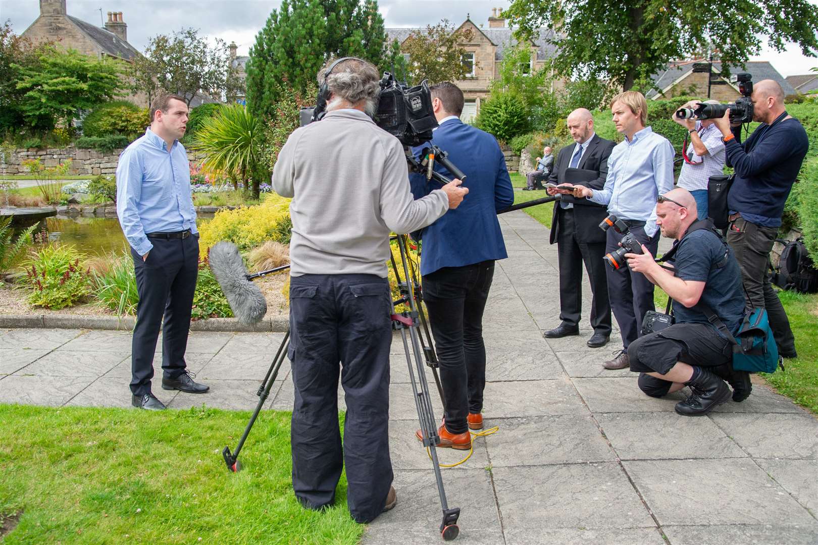 Douglas Ross interviewed by the national media in Grant Park, Forres. Picture: Daniel Forsyth.