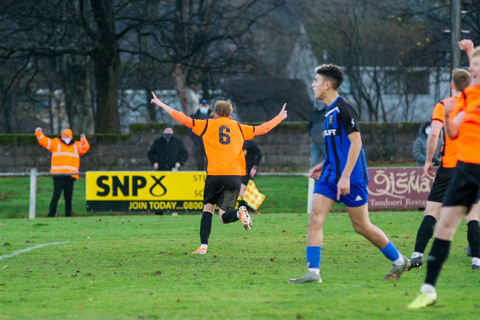Rothes' Fraser Robertson celebrates scoring the only goal of the match...Rothes FC (1) vs Huntly FC (0) - Highland Football League - Mackessack Park , Rothes 28/11/2020...Picture: Daniel Forsyth..