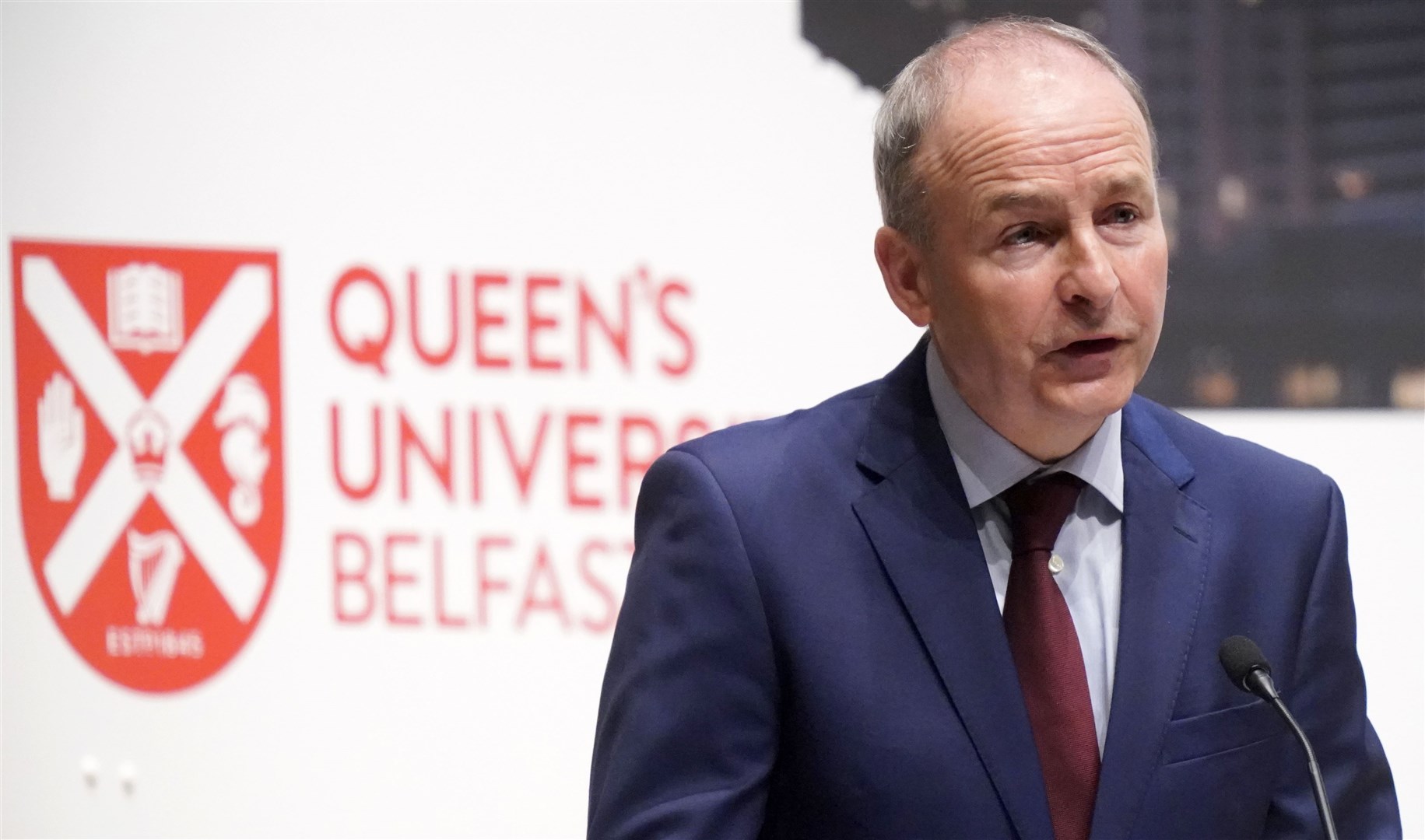 Micheal Martin speaking during the conference at Queen’s University Belfast (Niall Carson/PA)