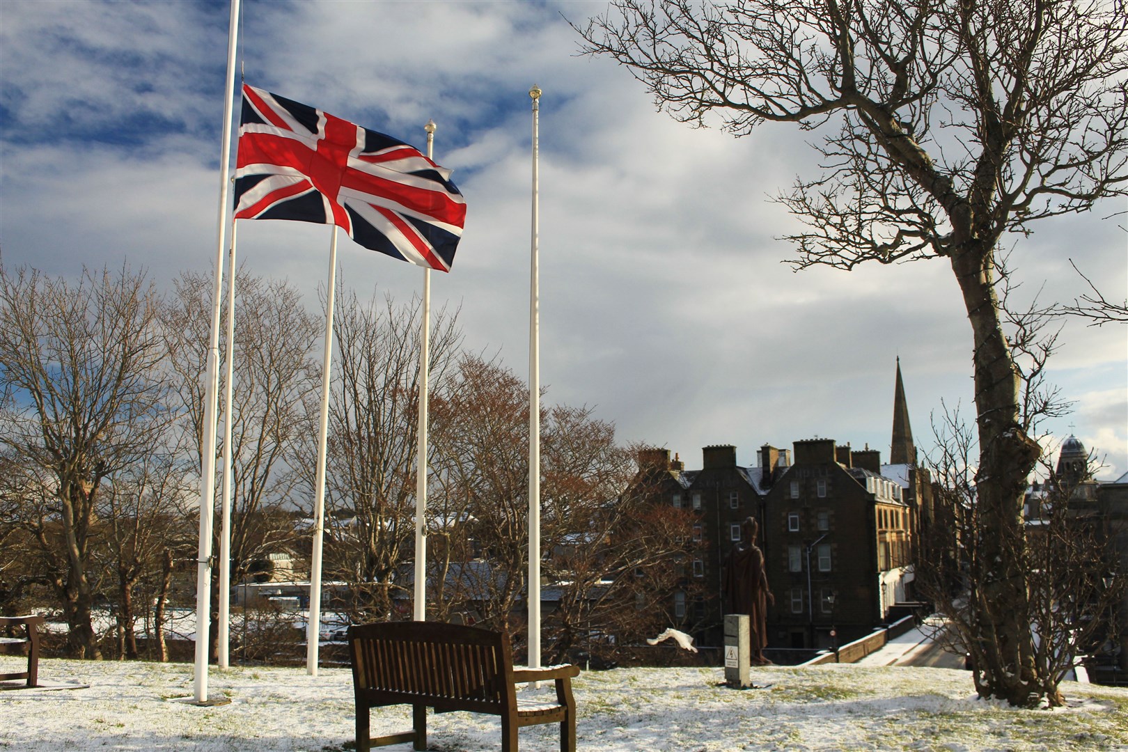 The Union Jack flying at half-mast outside Caithness General Hospital in Wick as a mark of respect following the death of the Duke of Edinburgh. Picture: Alan Hendry