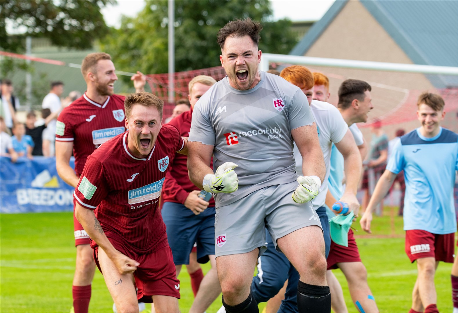 Keith's Gavin Elphinstone and Craig Reid celebrate getting through to the semi-final. ..Keith F.C. v Buckie Thistle F.C. at Kynoch Park, Highland League Cup Quarter-Final. ..Picture: Beth Taylor.