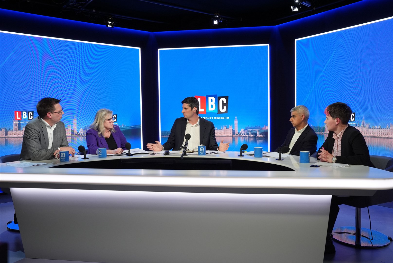 London mayoral candidates Liberal Democrat candidate Rob Blackie (left), Conservative party candidate Susan Hall, current Mayor of London and Labour party candidate Sadiq Khan and Green party candidate Zoe Garbett (right) during the LBC London Mayoral Debate (LBC/PA)