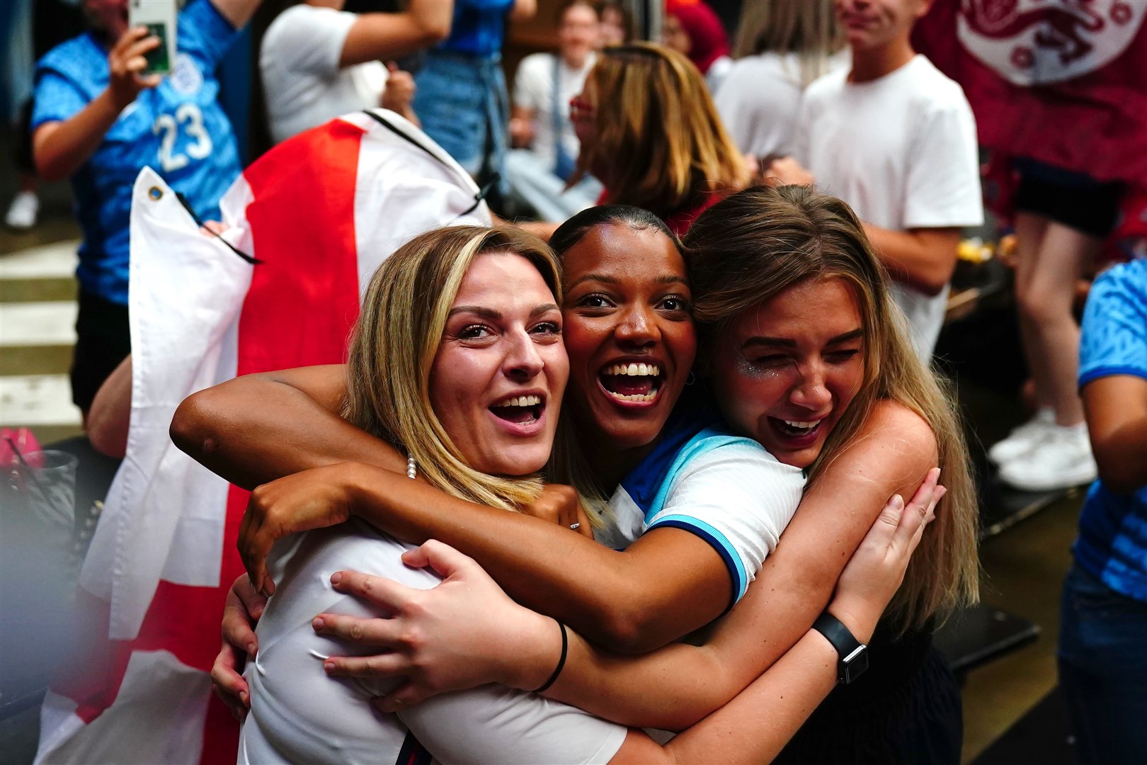 Fans hugged and celebrated as the Lionesses reached the final (Victoria Jones/PA)