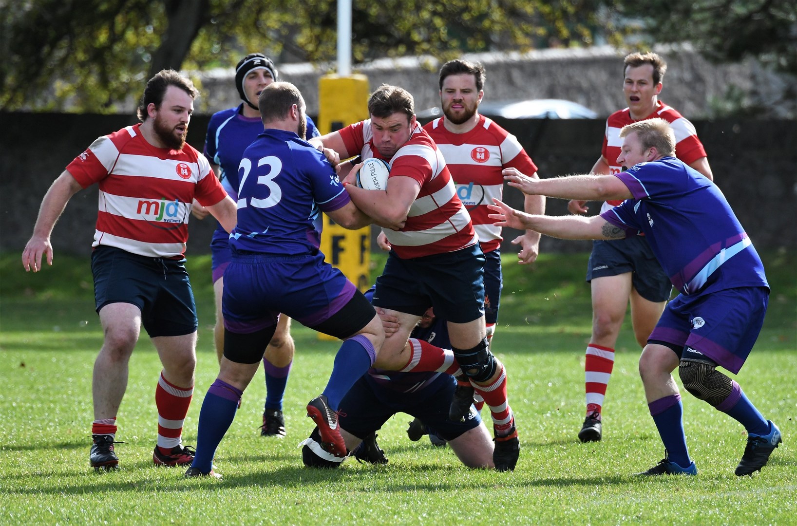 Steven Clark takes ball into contact. Forwards Mark Taylor and Neil Alexander in support and scrum-half Cameron Ireland in background. Picture: James Officer
