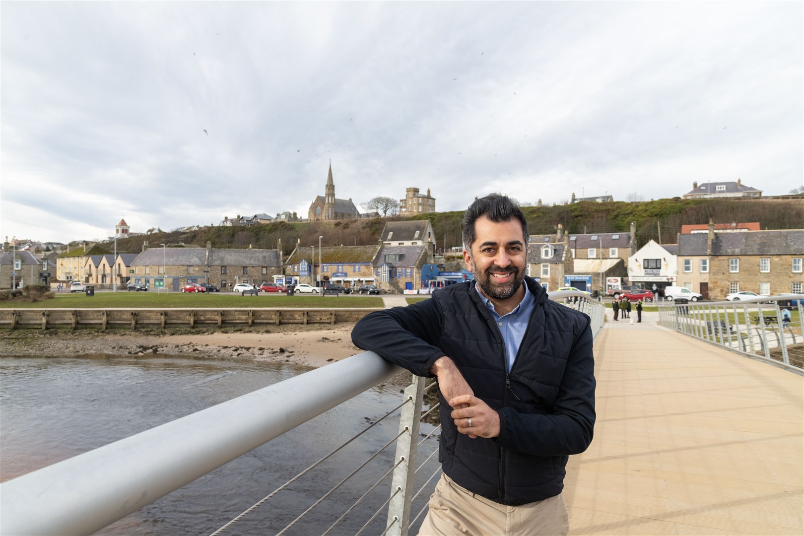 First Minister of Scotland Humza Yousaf at the East Beach Bridge in Lossiemouth...Picture: Beth Taylor