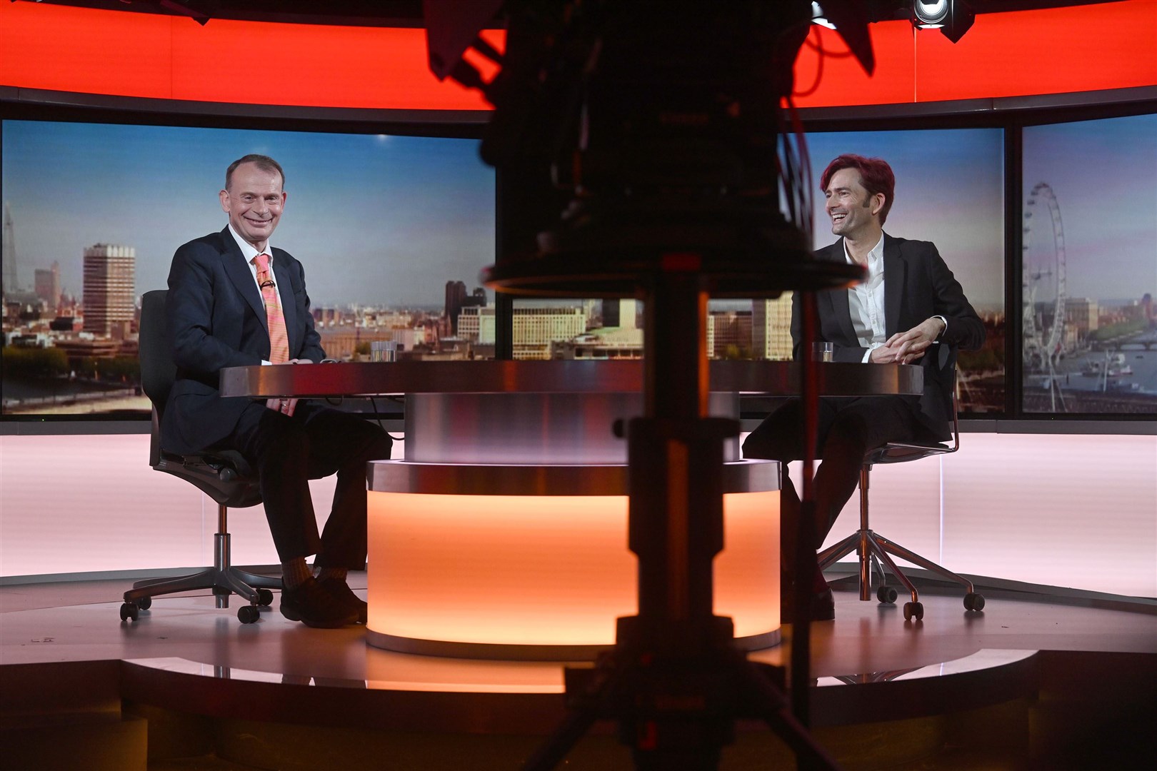 Andrew Marr with David Tennant watching a compilation of his best bits during the last episode of The Andrew Marr Show (BBC/PA)