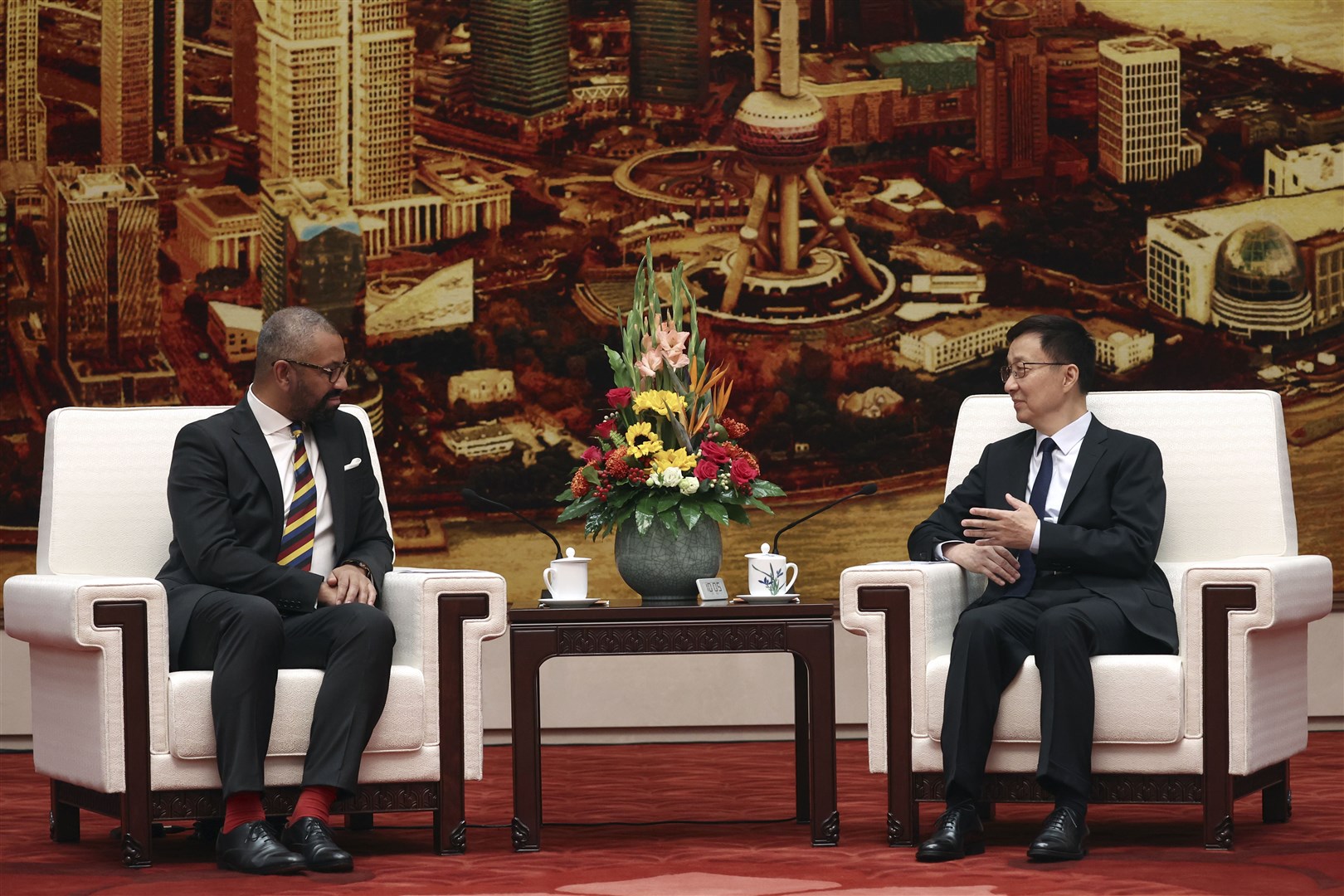 Chinese Vice President Han Zheng hosted Foreign Secretary James Cleverly at the Great Hall of the People, the first visit to Beijing by a senior UK figure in five years (Florence Lo/Pool/AP)